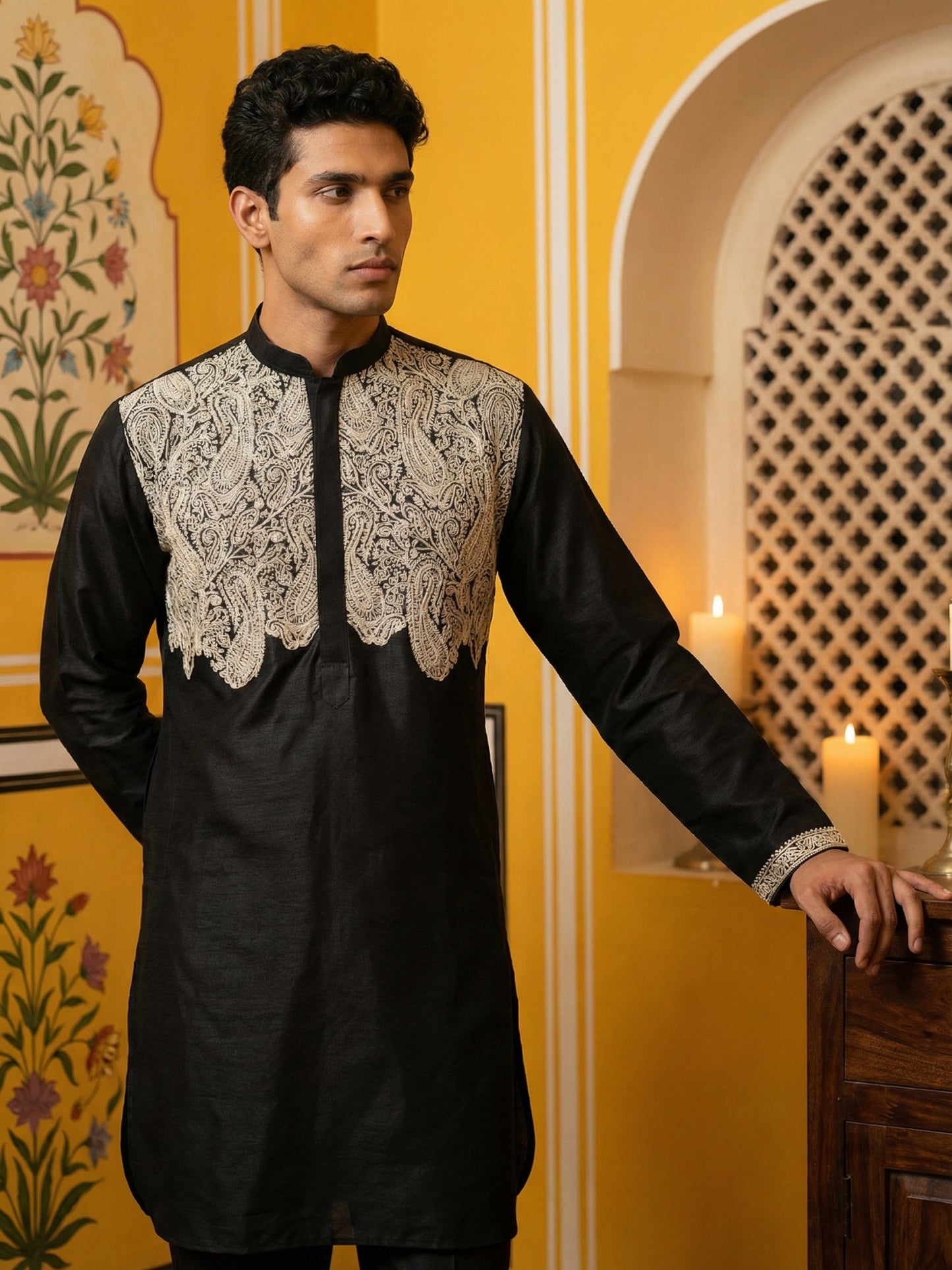 Silk Blend Embroidered Kurta Pyjama Set ( 65KP P 5465Black S ) [FF] [A-1-4]