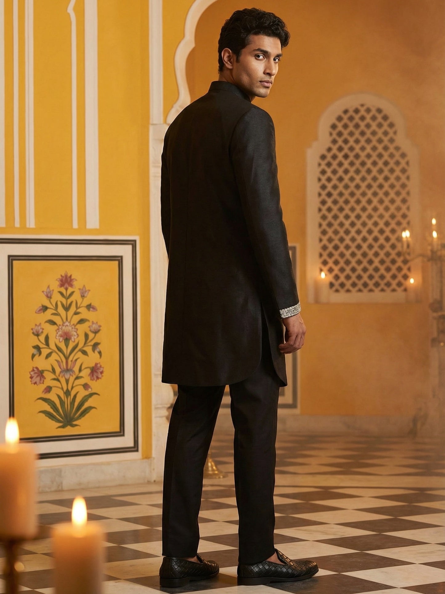 Silk Blend Embroidered Kurta Pyjama Set ( 65KP P 5465Black S ) [FF] [A-1-4]