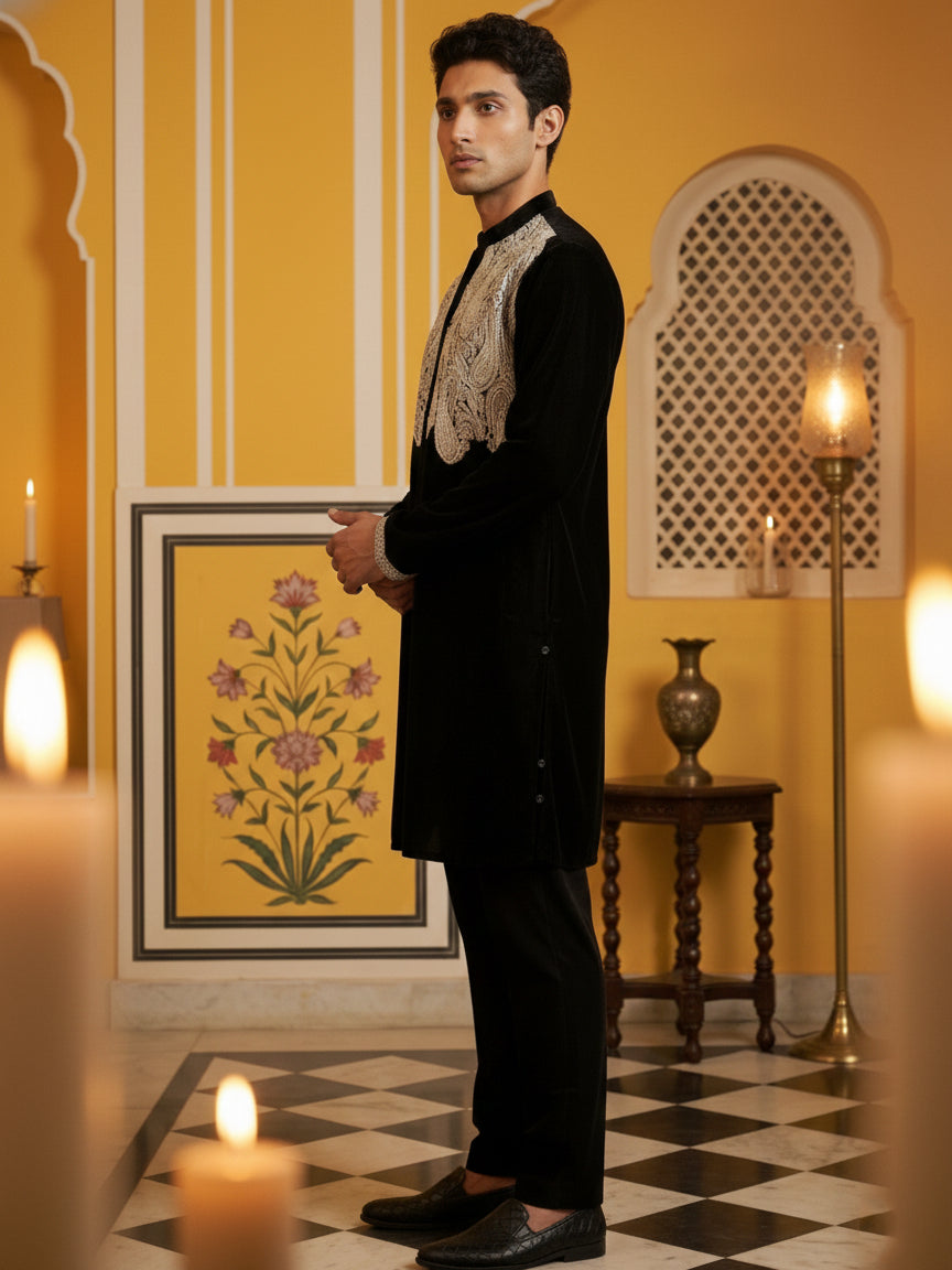 Silk Blend Embroidered Kurta Pyjama Set ( 65KP P 5465Black S ) [FF] [A-1-4]