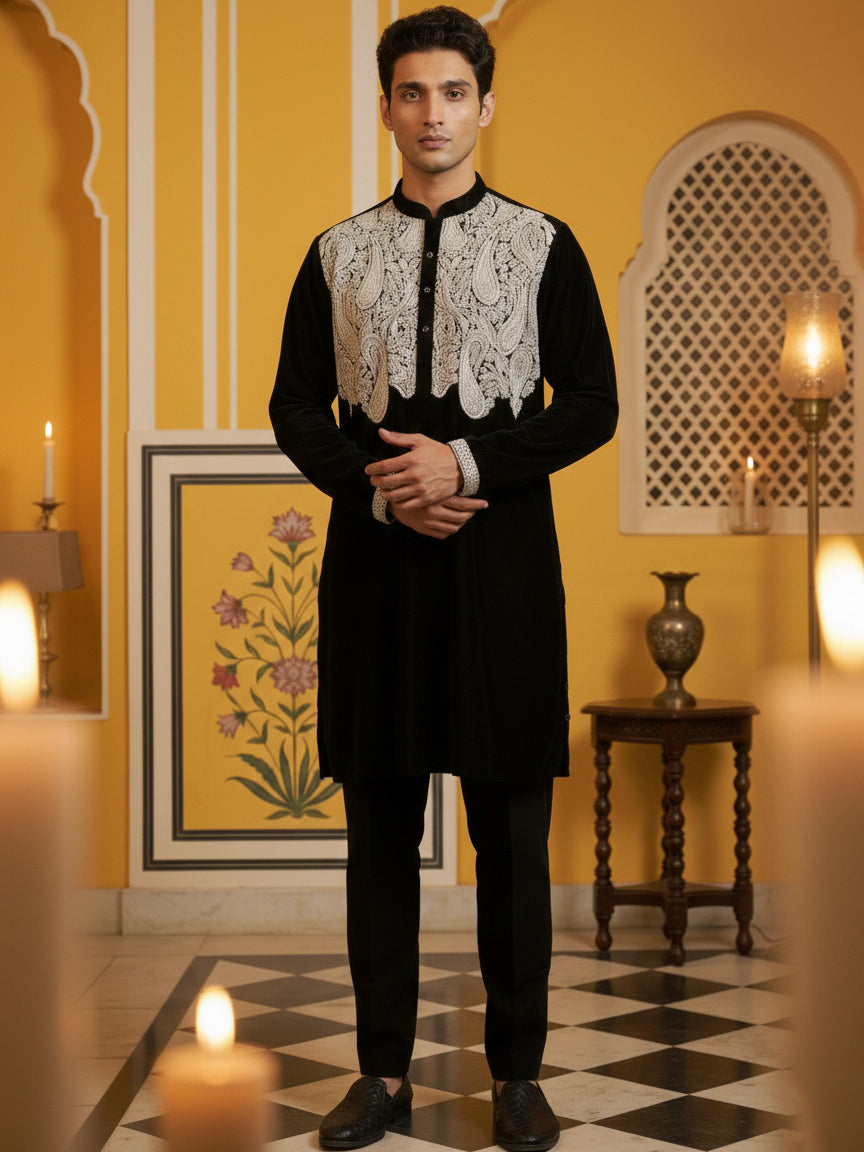 Silk Blend Embroidered Kurta Pyjama Set ( 65KP P 5465Black S ) [FF] [A-1-4]