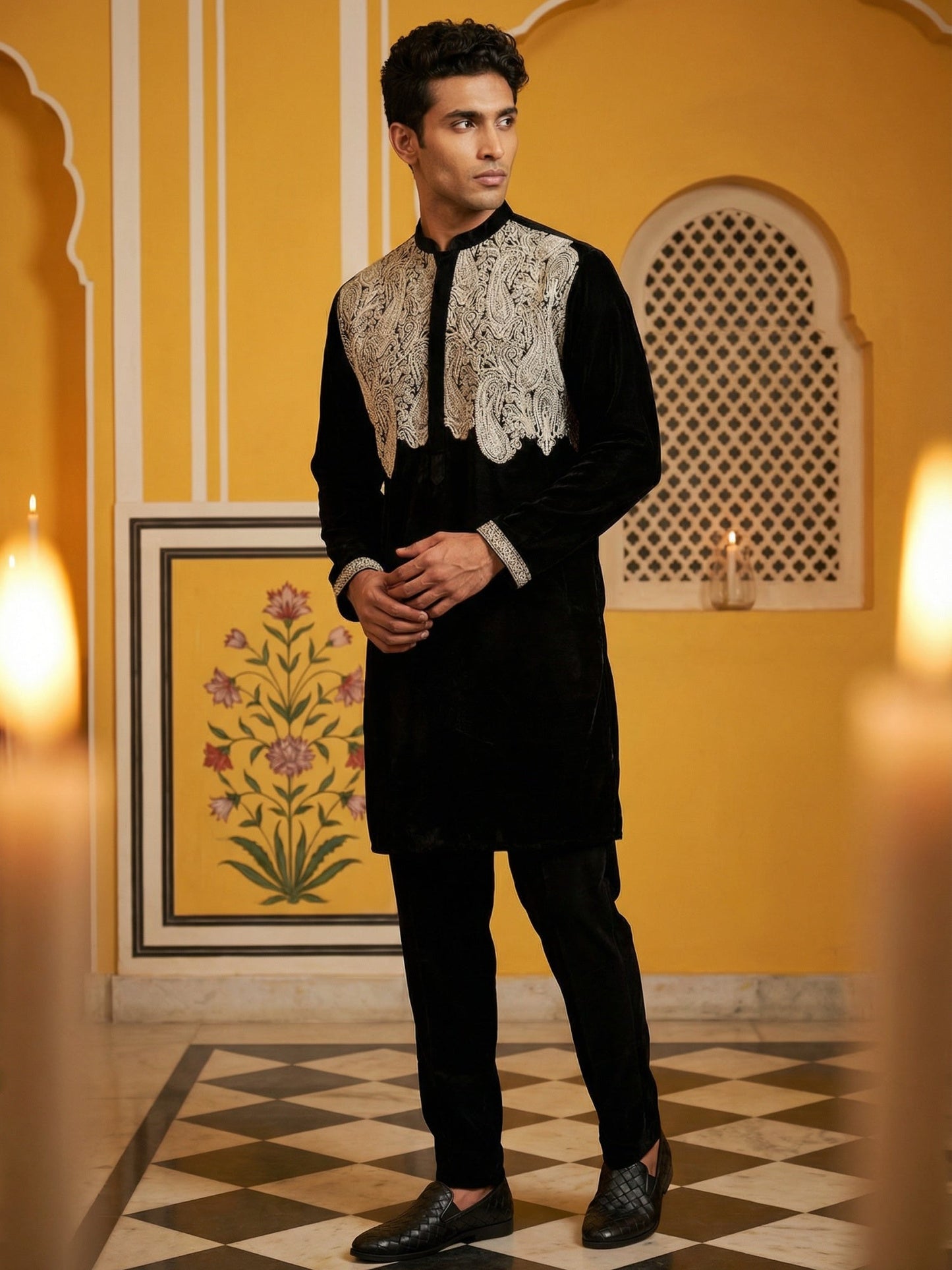 Silk Blend Embroidered Kurta Pyjama Set ( 65KP P 5465Black S ) [FF] [A-1-4]