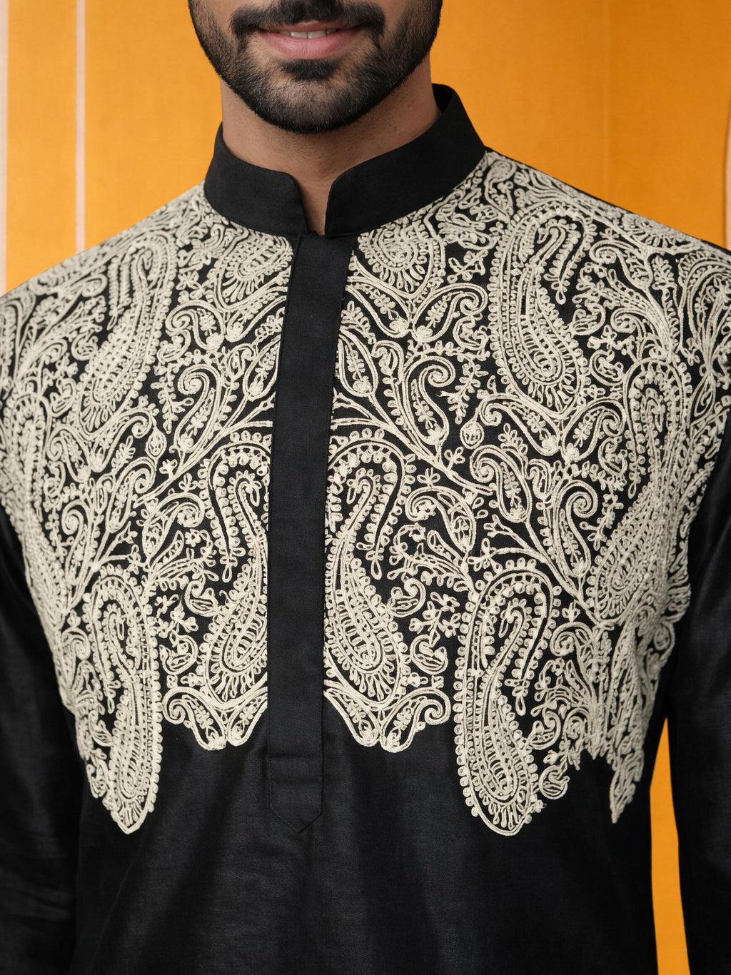 Silk Blend Embroidered Kurta Pyjama Set ( 65KP P 5465Black S ) [FF] [A-1-4]
