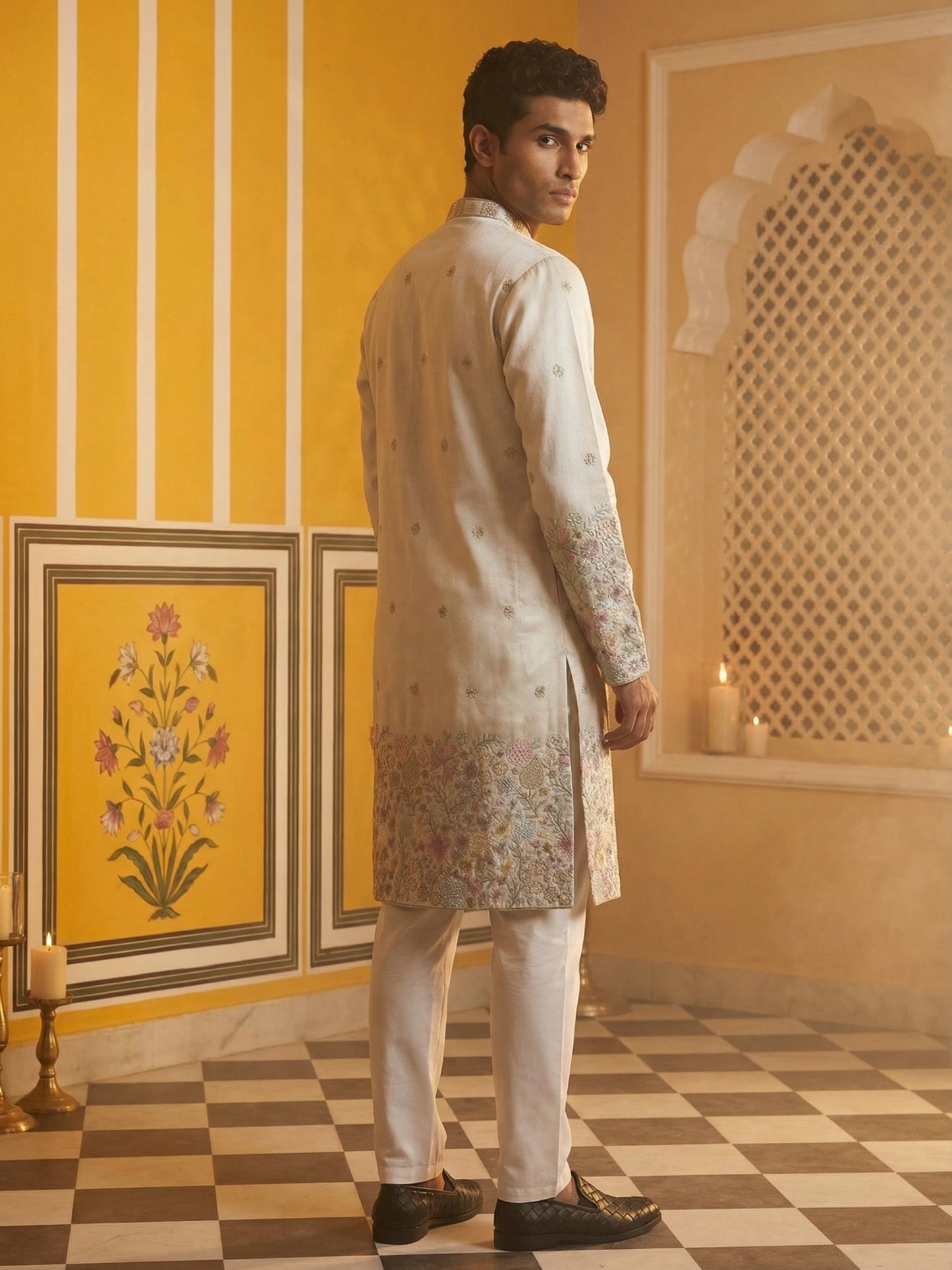 Men Silk Blend Embroidered Kurta Pyjama Set ( 65KP P 5466White S ) [FF] [Q-11-14]