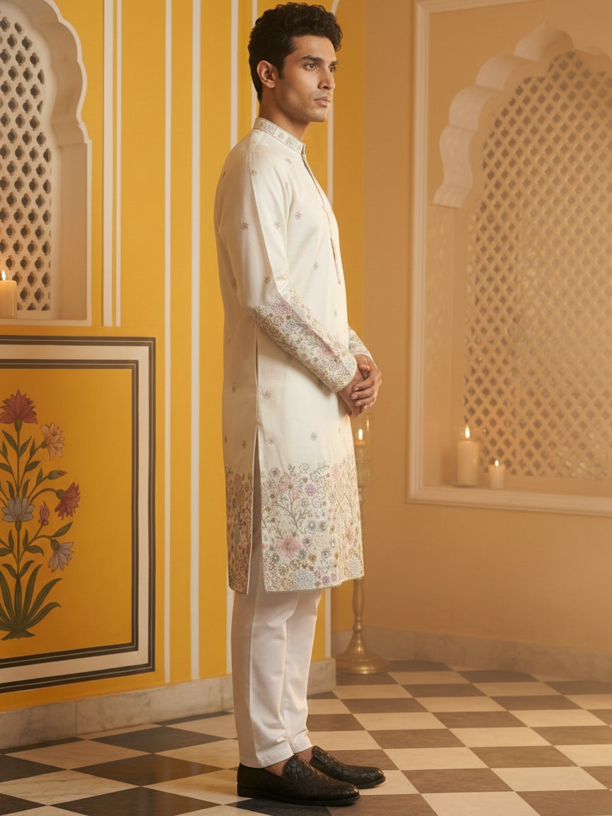 Men Silk Blend Embroidered Kurta Pyjama Set ( 65KP P 5466White S ) [FF] [Q-11-14]