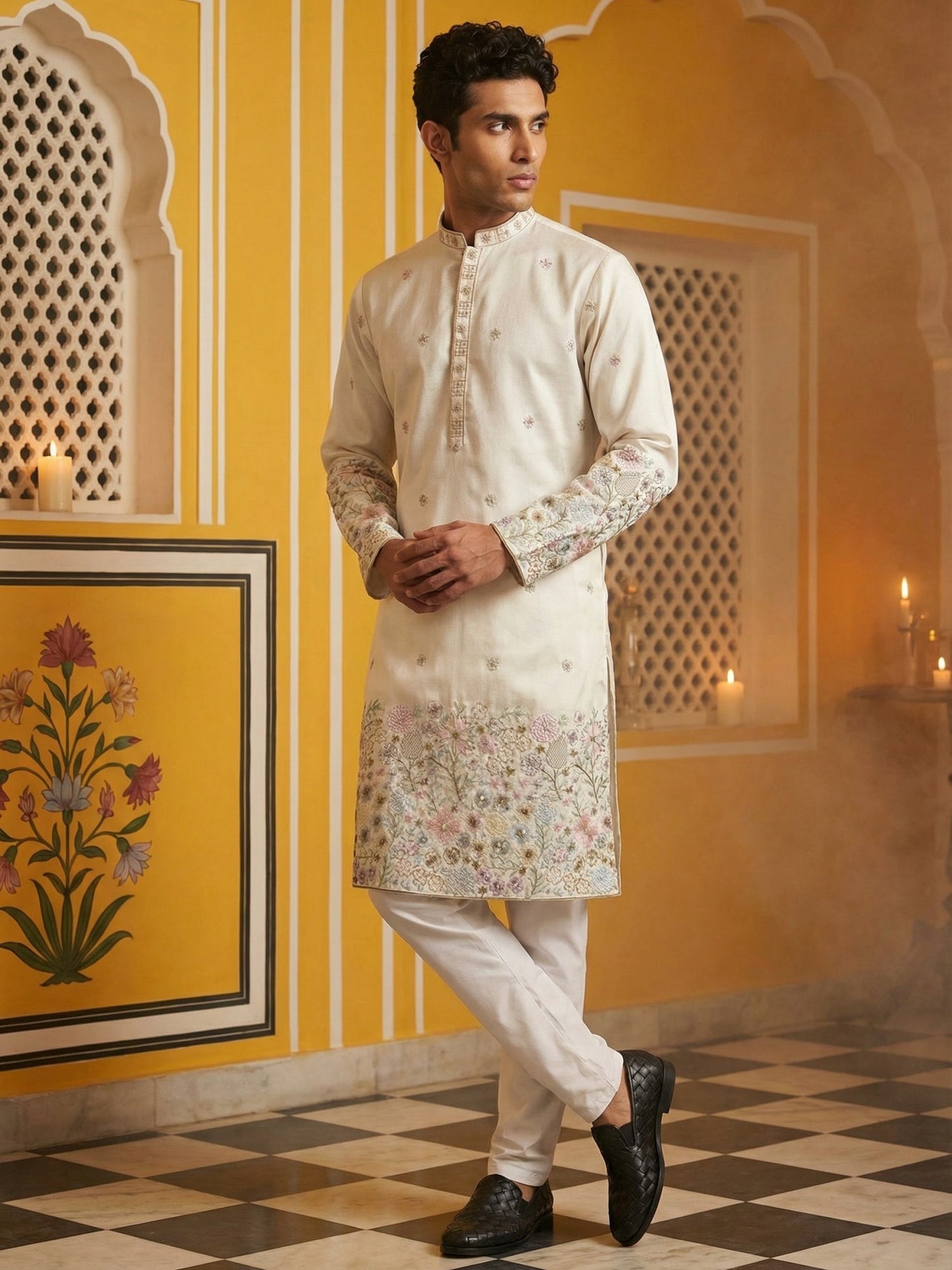 Men Silk Blend Embroidered Kurta Pyjama Set ( 65KP P 5466White S ) [FF] [Q-11-14]