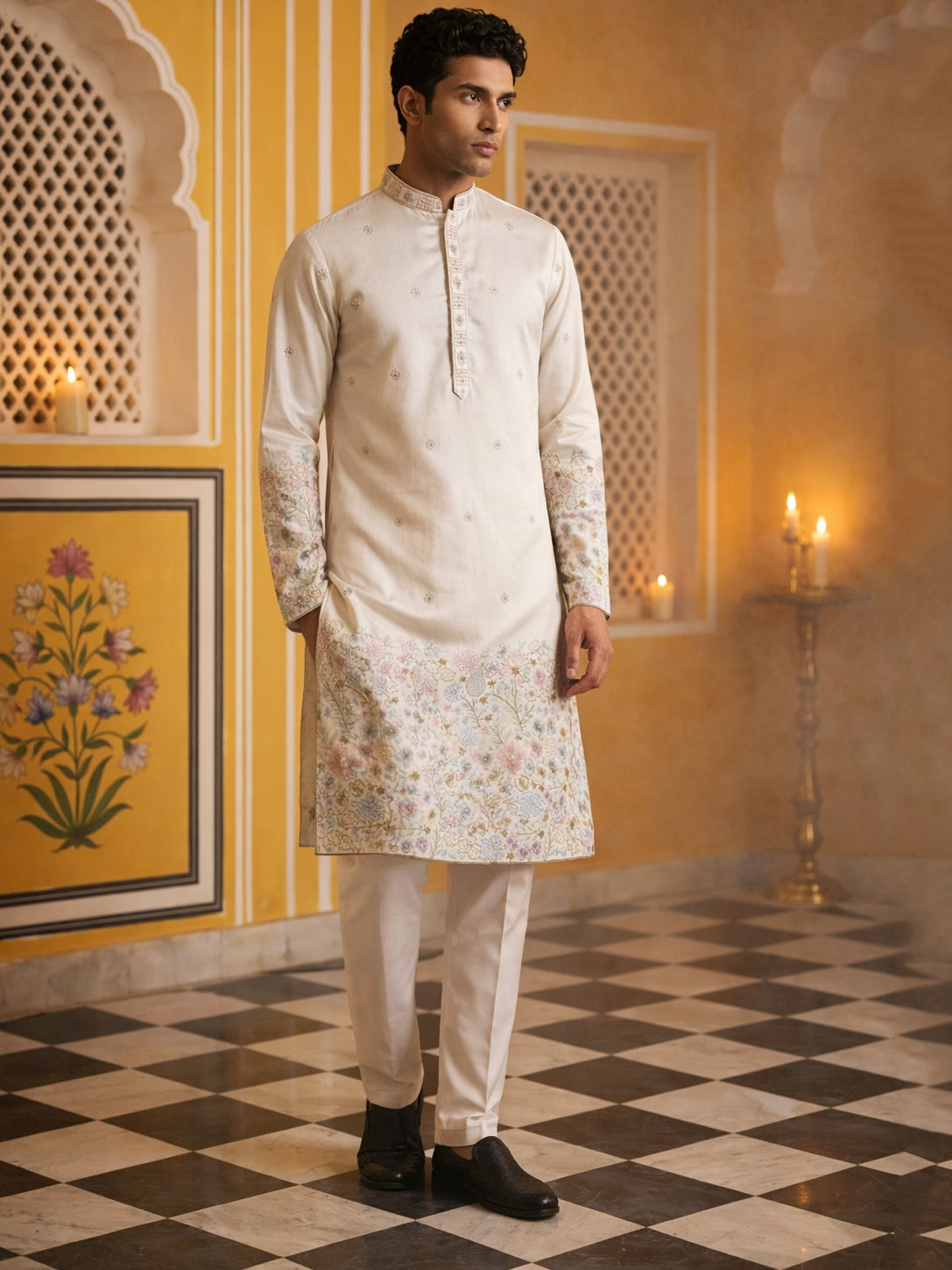 Men Silk Blend Embroidered Kurta Pyjama Set ( 65KP P 5466White S ) [FF] [Q-11-14]