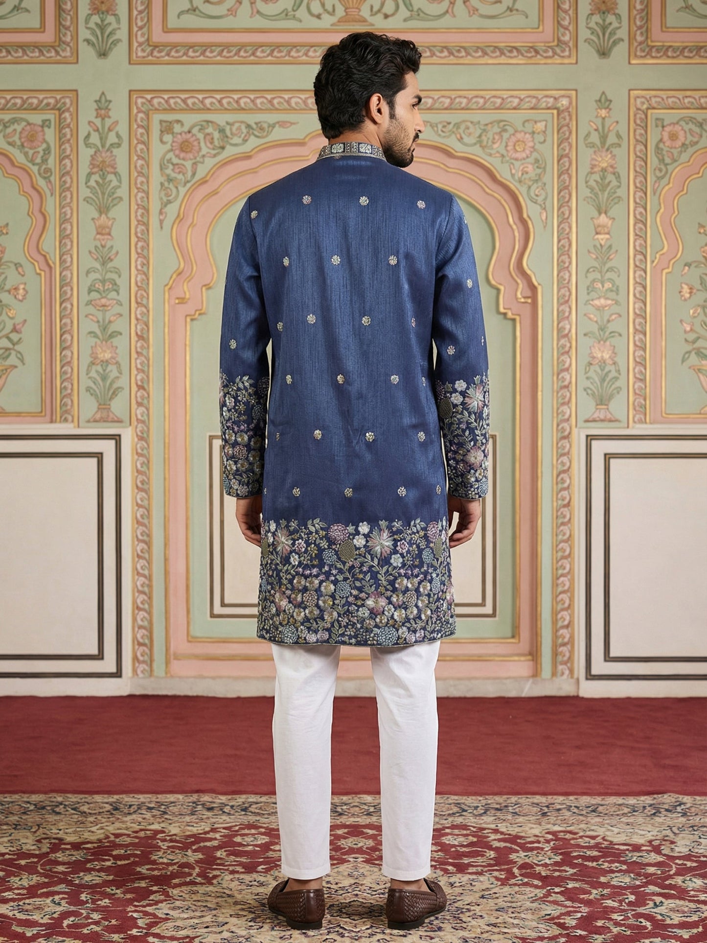 Men Silk Blend Embroidered Kurta Pyjama Set ( 65KP P 5466Navy ) [FF] [Q-11-14]