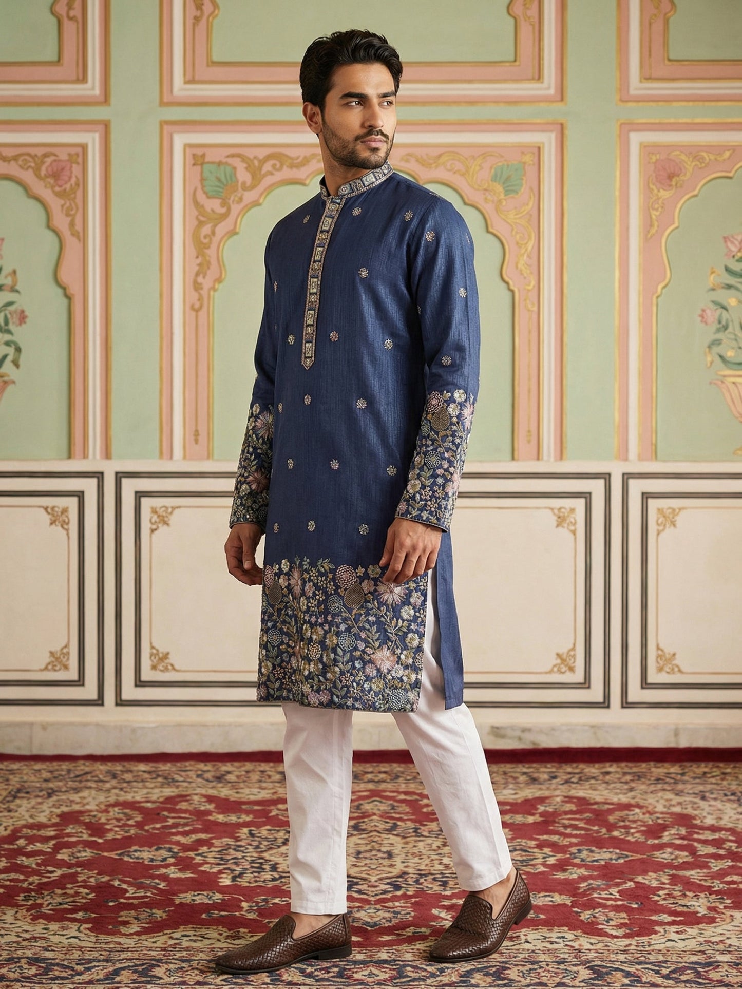 Men Silk Blend Embroidered Kurta Pyjama Set ( 65KP P 5466Navy ) [FF] [Q-11-14]