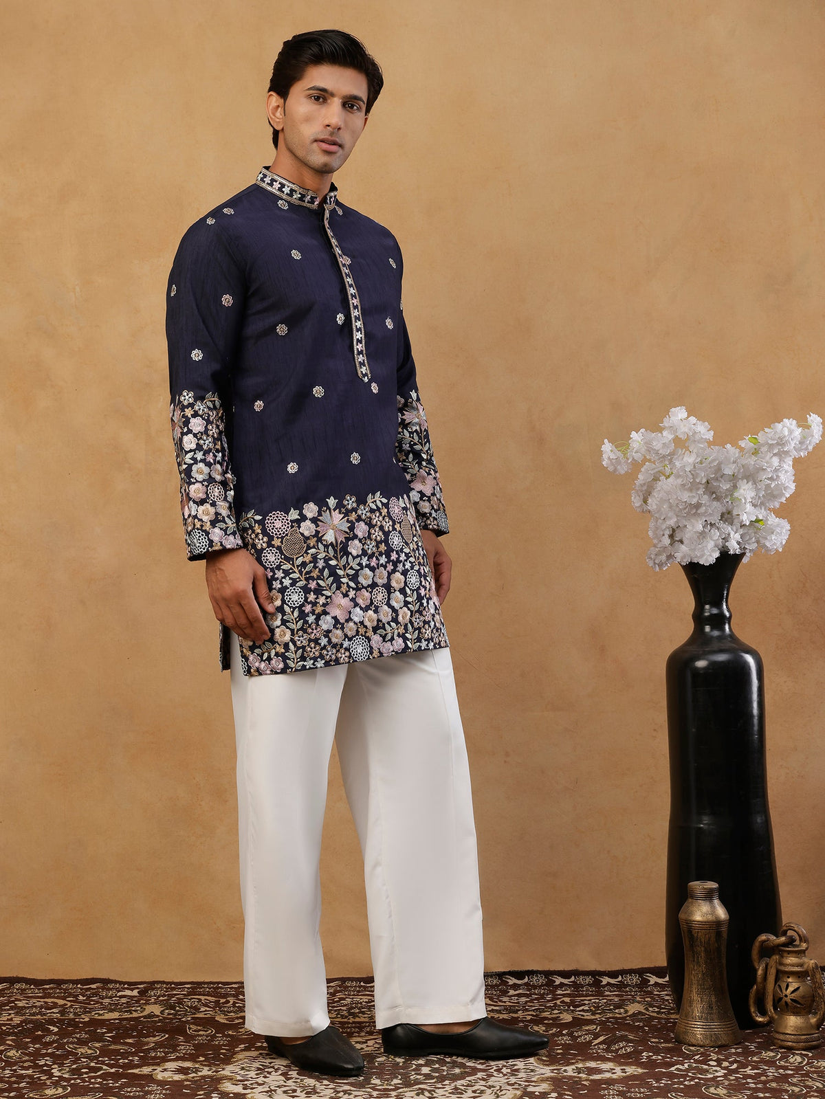 Men Silk Blend Embroidered Kurta with korean Pants ( 65KP PJ11W S 5466 Navy )