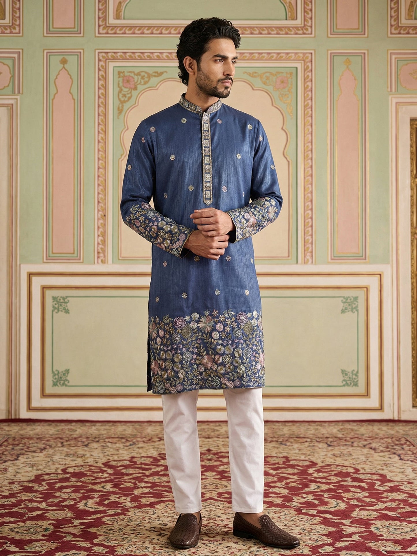 Men Silk Blend Embroidered Kurta Pyjama Set ( 65KP P 5466Navy ) [FF] [Q-11-14]