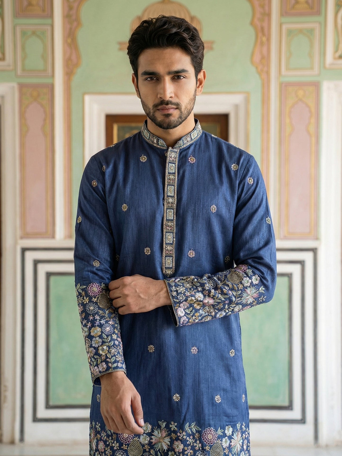 Men Silk Blend Embroidered Kurta Pyjama Set ( 65KP P 5466Navy ) [FF] [Q-11-14]