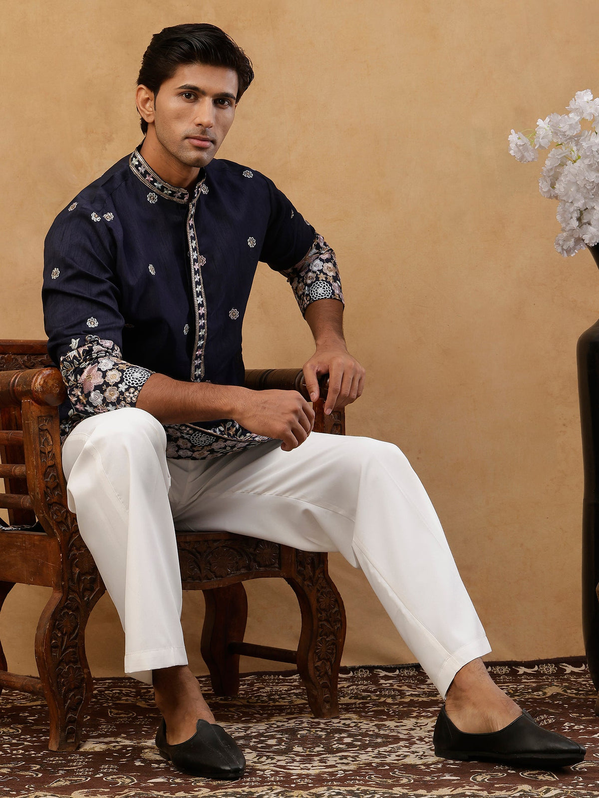 Men Silk Blend Embroidered Kurta with korean Pants ( 65KP PJ11W S 5466 Navy )