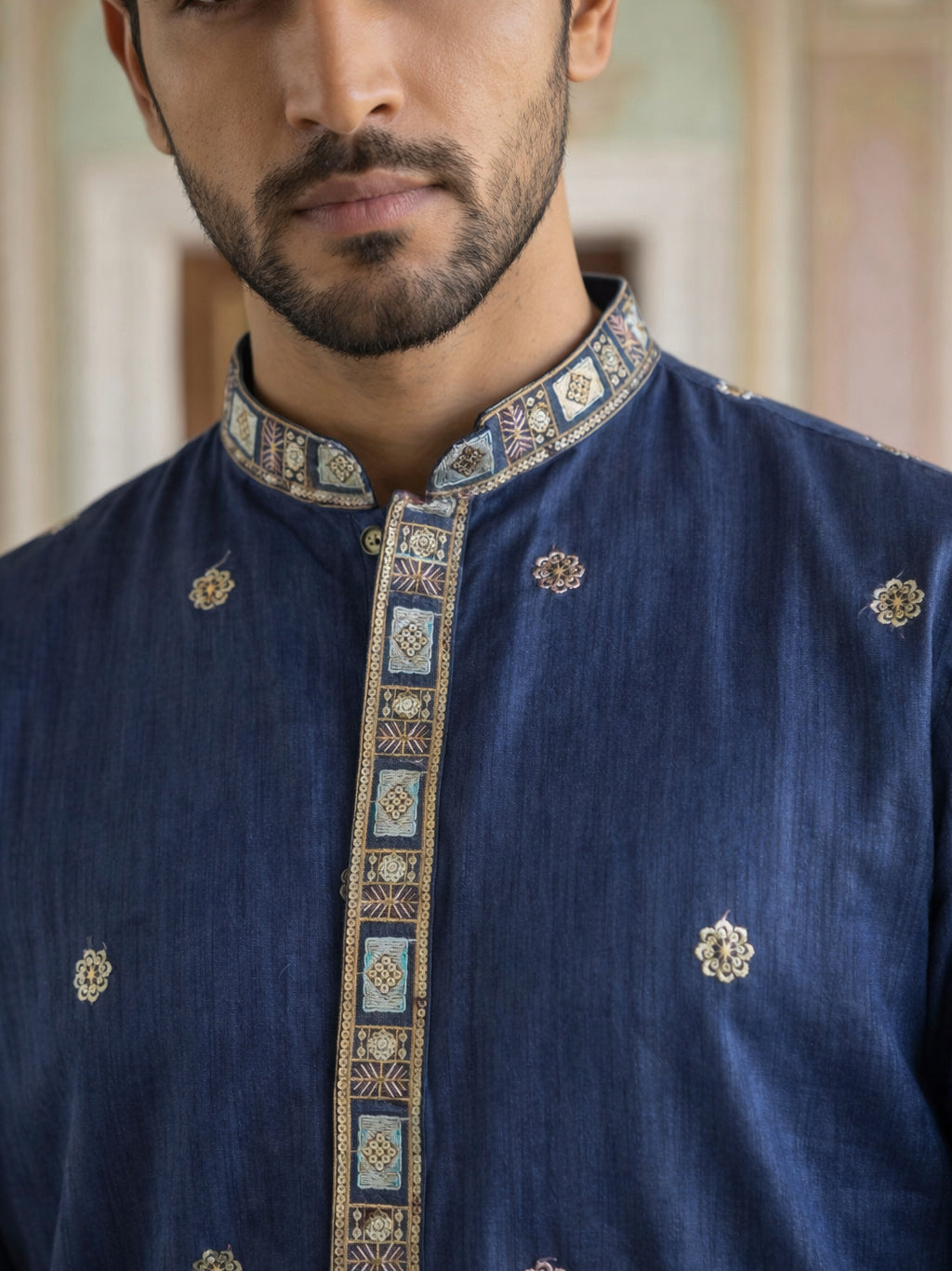 Men Silk Blend Embroidered Kurta Pyjama Set ( 65KP P 5466Navy ) [FF] [Q-11-14]