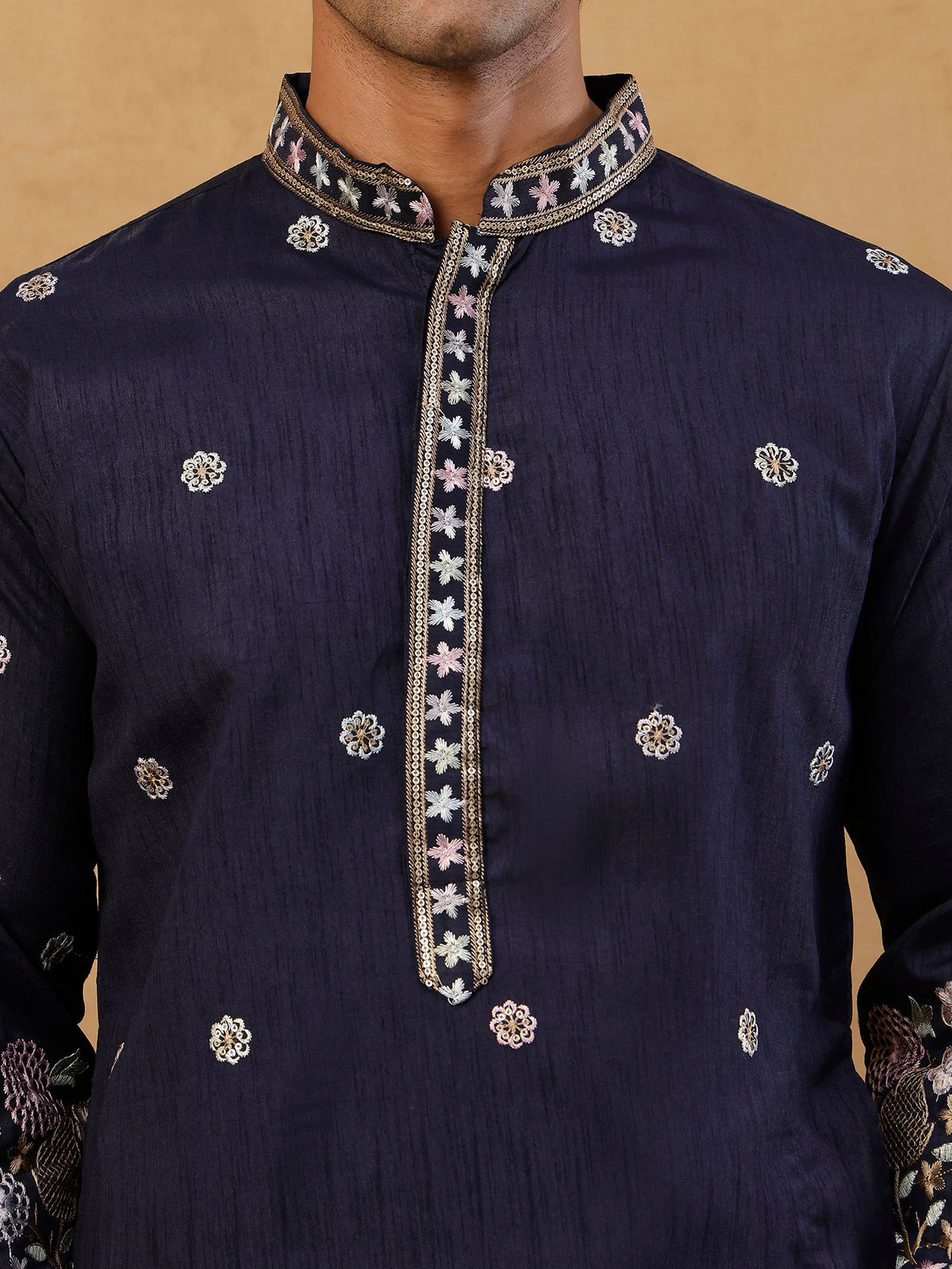Men Silk Blend Embroidered Kurta with korean Pants ( 65KP PJ11W S 5466 Navy )