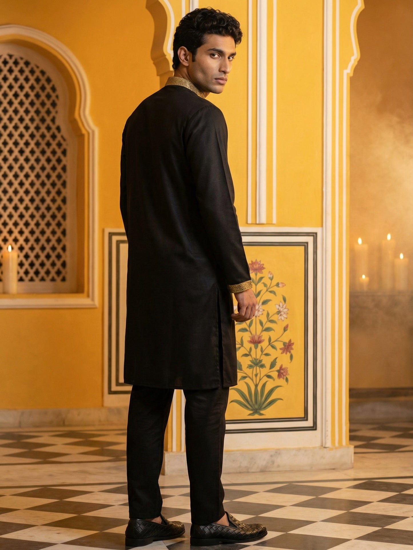 Men Embroidered Silk Blend Kurta Set ( 65KP B-P 5467Black S )