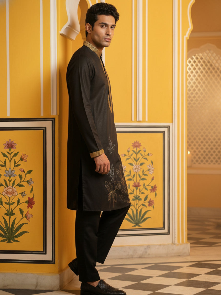 Men Embroidered Silk Blend Kurta Set ( 65KP B-P 5467Black S )