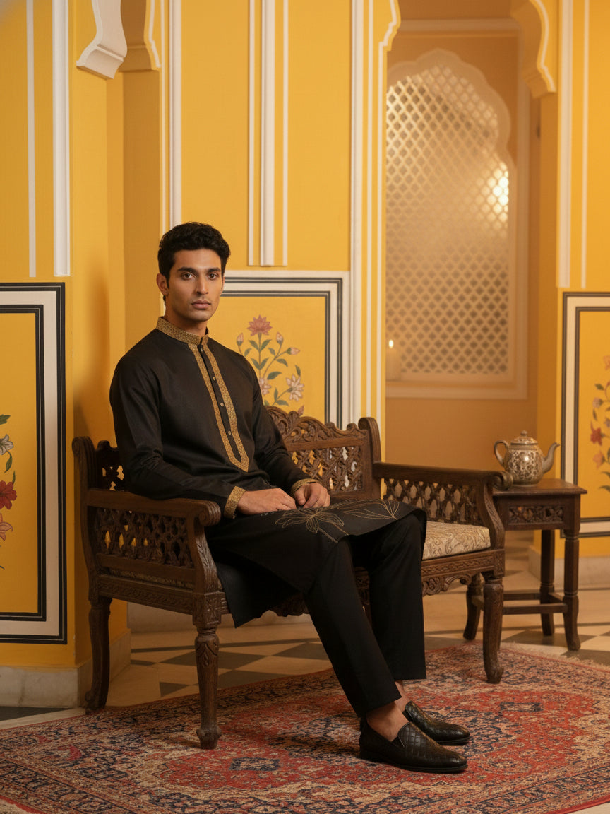 Men Embroidered Silk Blend Kurta Set ( 65KP B-P 5467Black S )