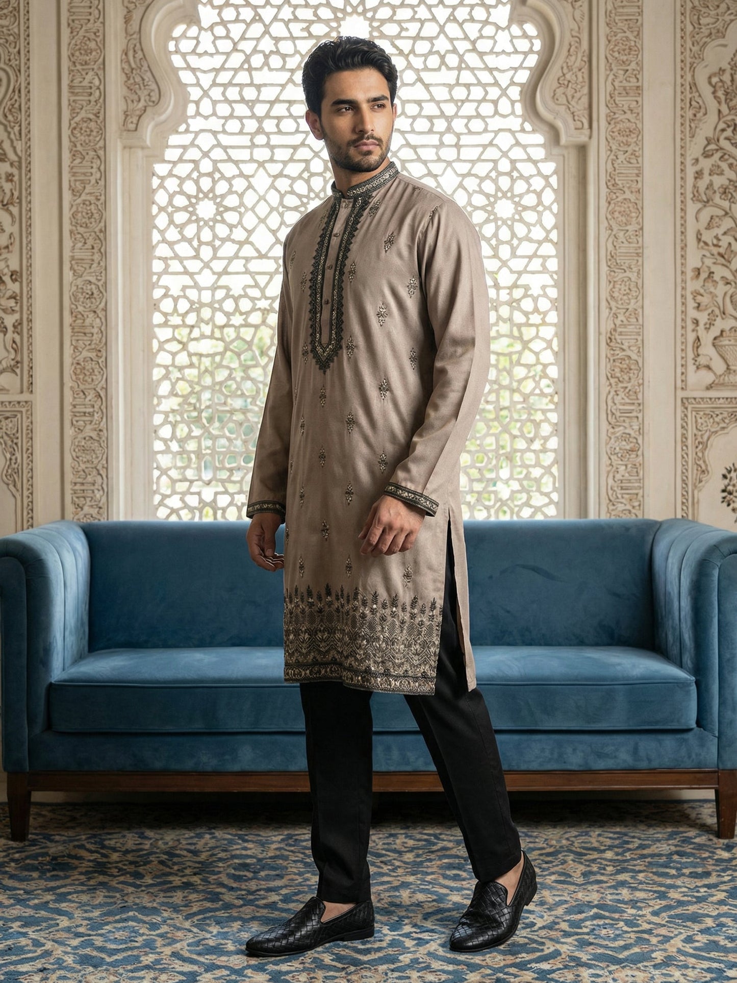 Men Embroidered Silk Blend Kurta Set ( 65KP B-P 5468Brown )