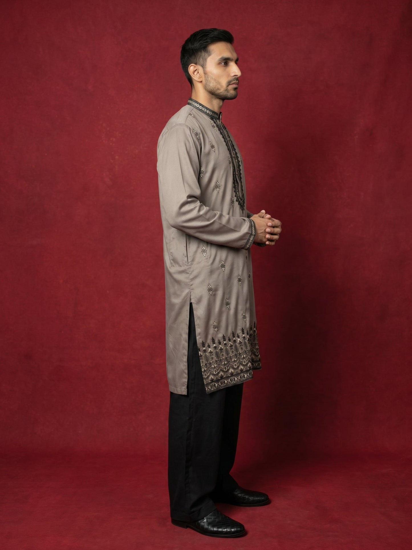 Men Embroidered Silk Blend Kurta with Korean Pants