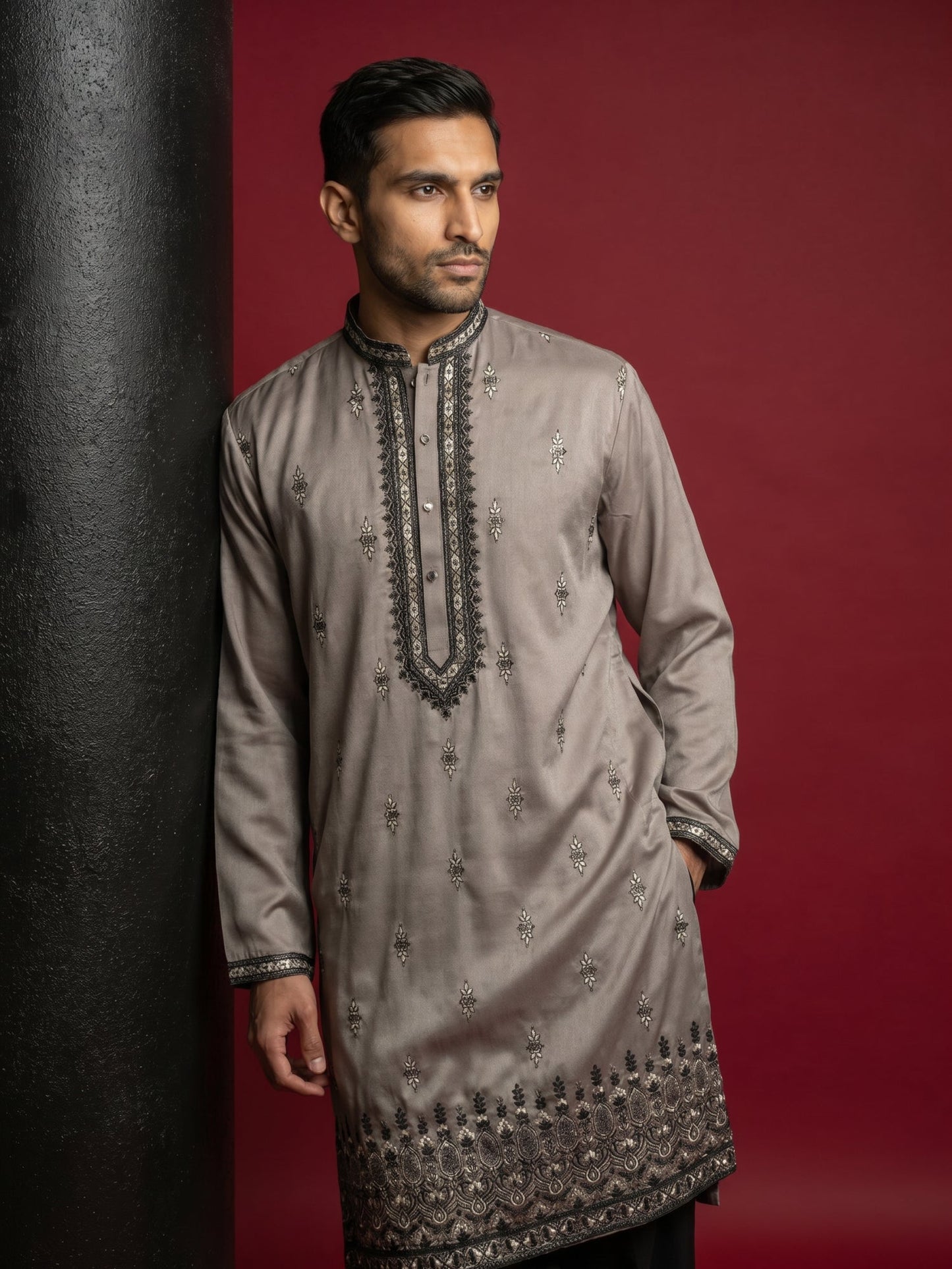 Men Embroidered Silk Blend Kurta with Korean Pants