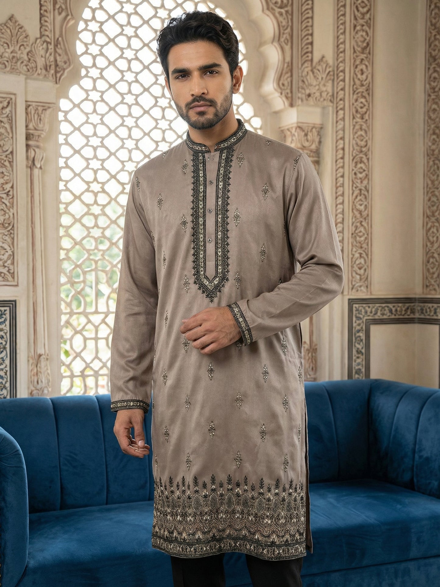 Men Embroidered Silk Blend Kurta Set ( 65KP B-P 5468Brown )
