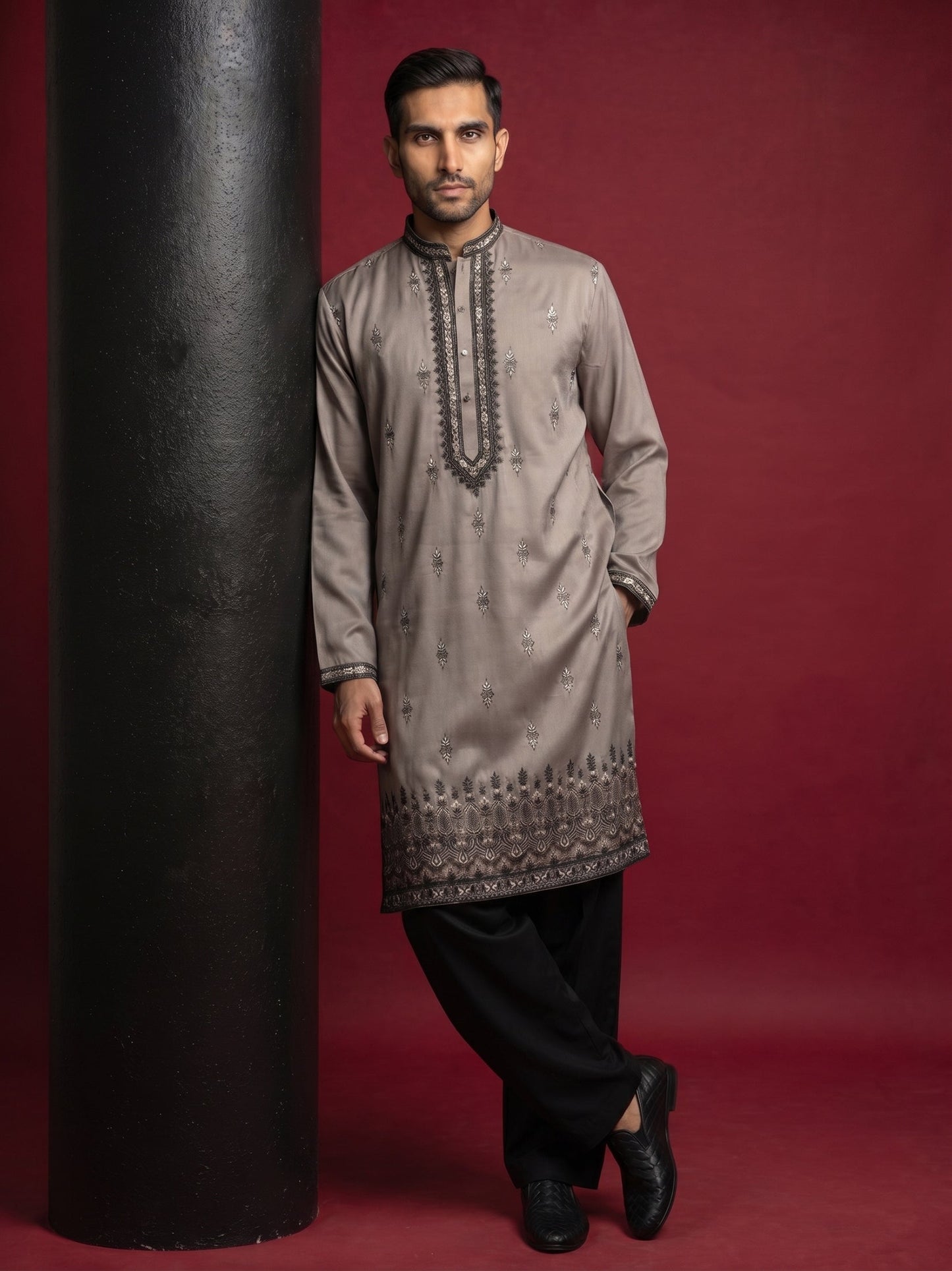 Men Embroidered Silk Blend Kurta with Korean Pants