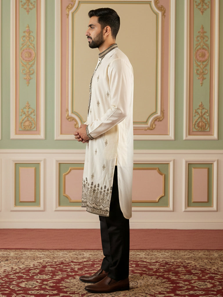 Men Embroidered Silk Blend Kurta Set ( 65KP B-P 5468White S )