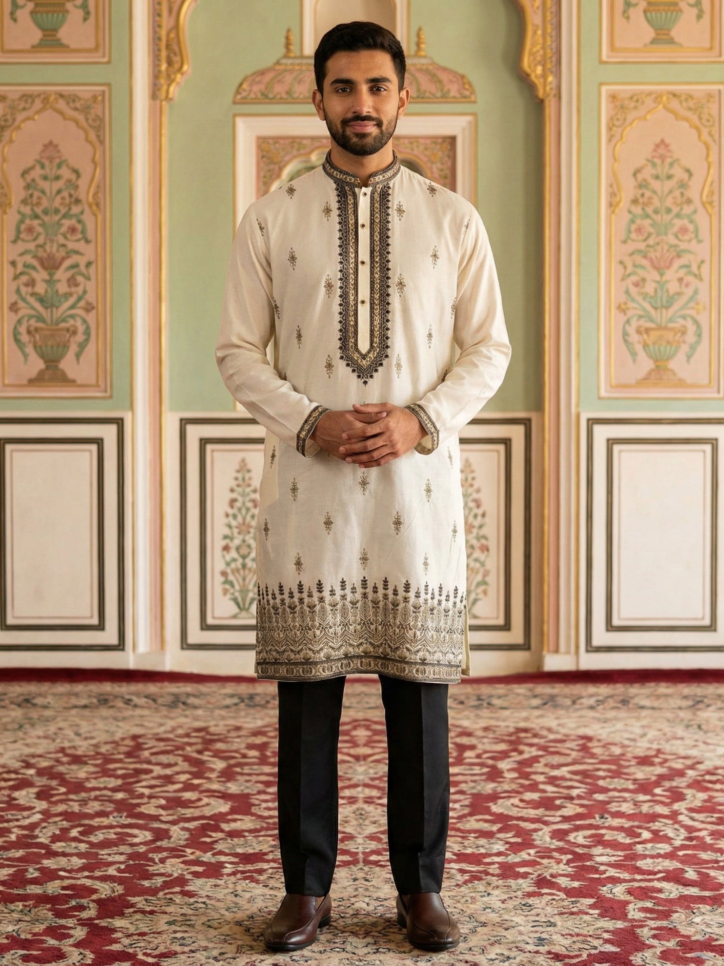 Men Embroidered Silk Blend Kurta Set ( 65KP B-P 5468White S )