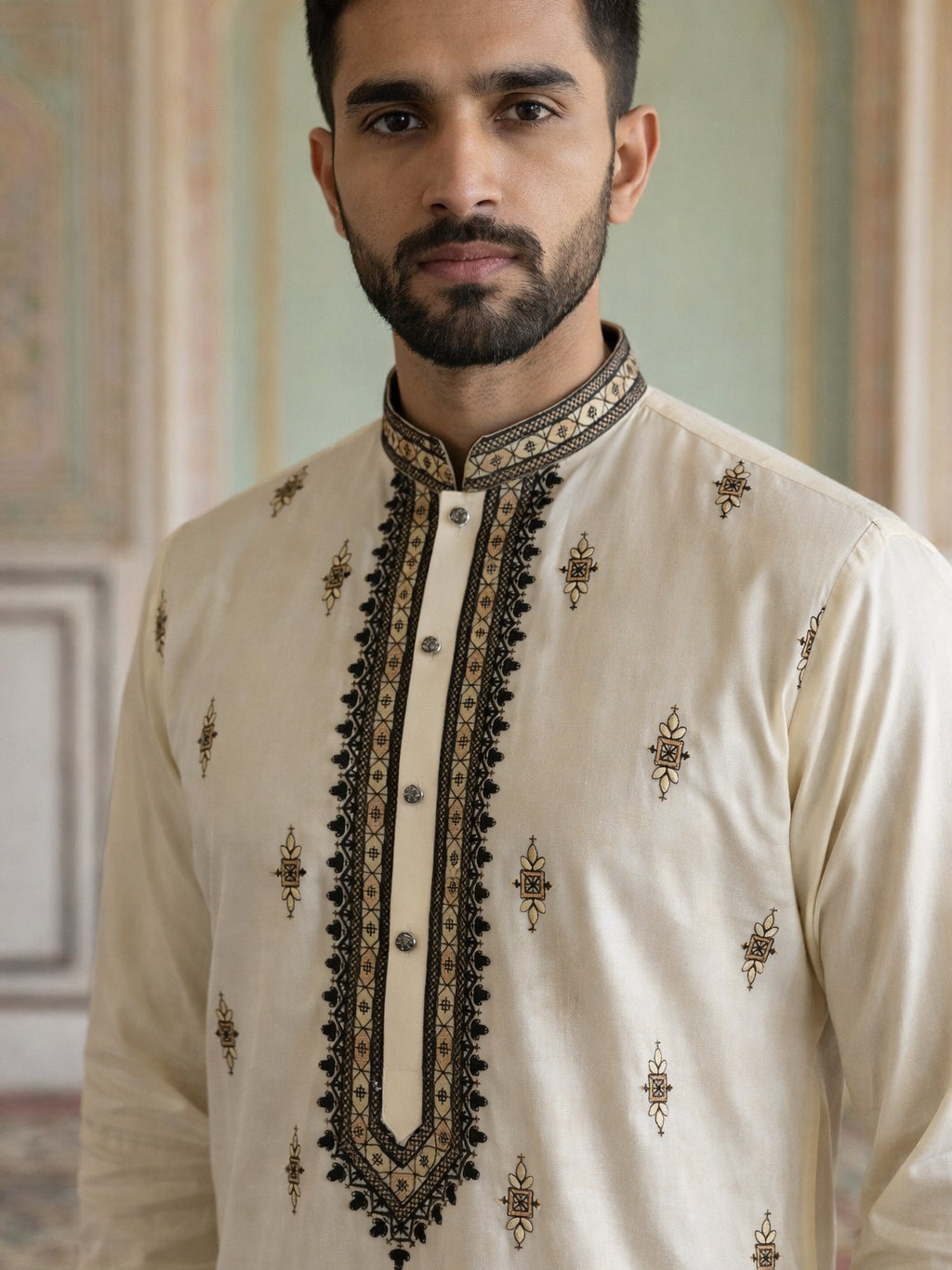 Men Embroidered Silk Blend Kurta Set ( 65KP B-P 5468White S )