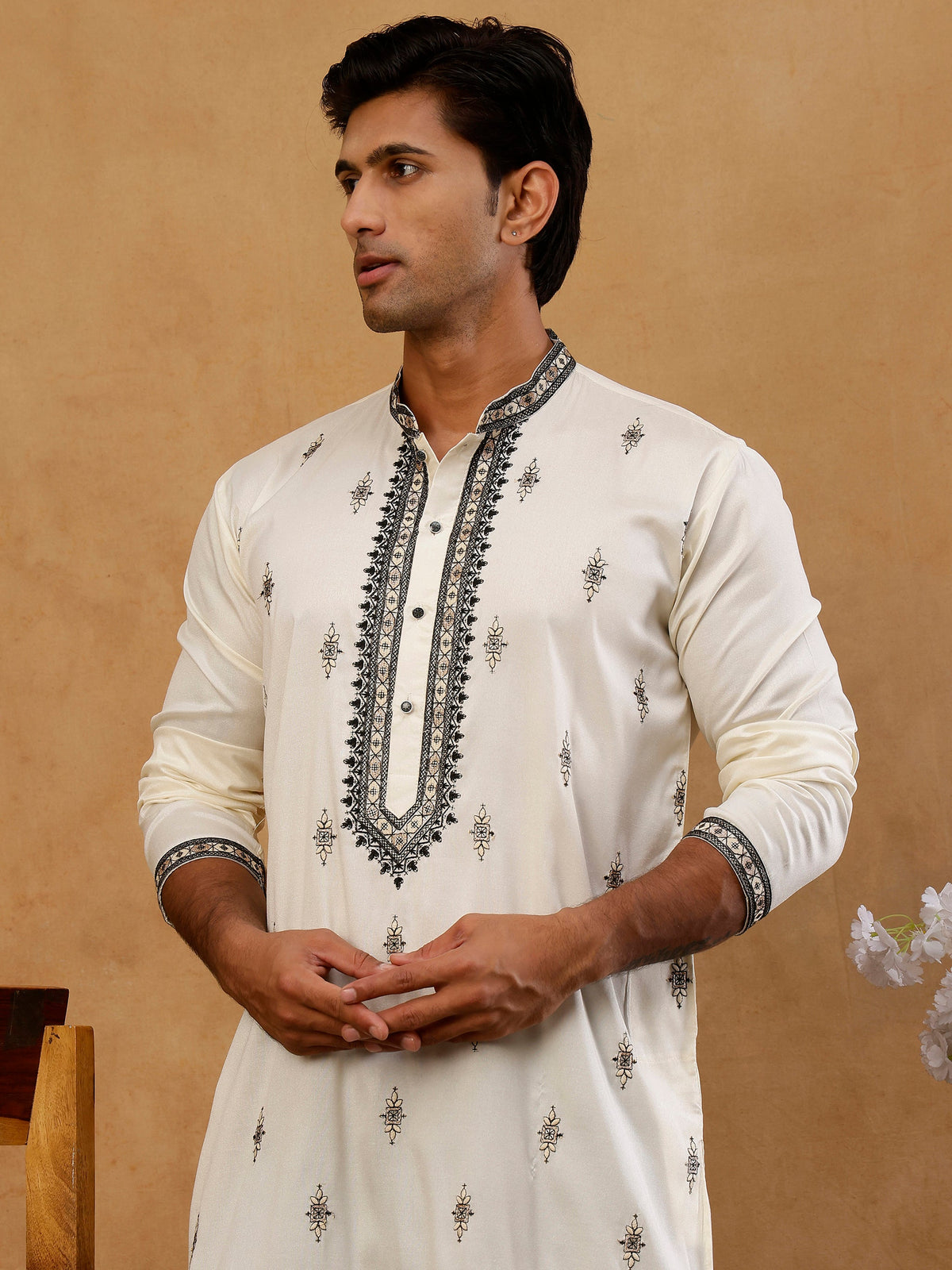 Men Embroidered Silk Blend Kurta with Korean Pants ( 65KP PJ11B E 5468 White )