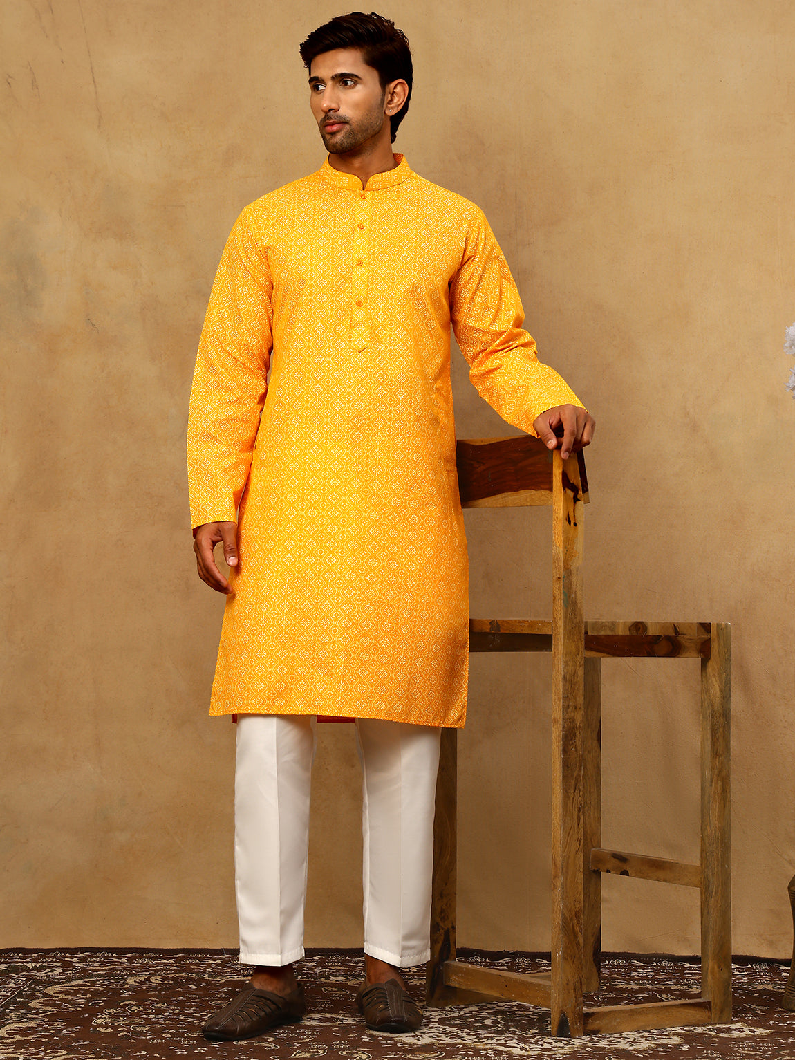 Traditional Printed Kurta Pyjama Set for Men ( 65KP P 5470Orange )