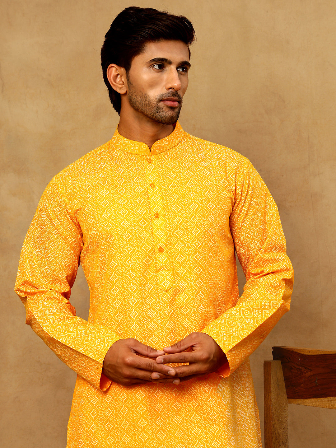 Traditional Printed Kurta Pyjama Set for Men ( 65KP P 5470Orange )
