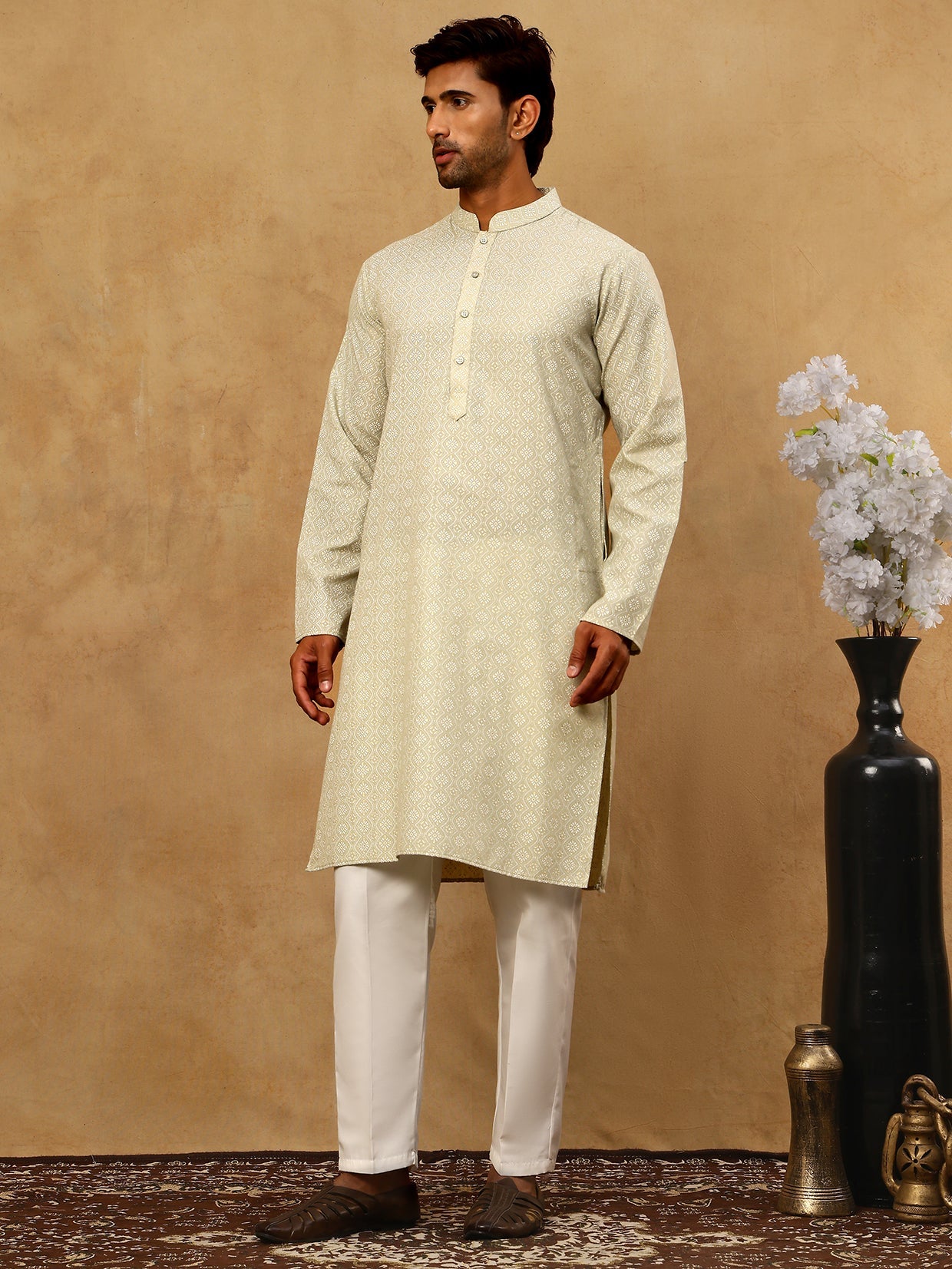 Traditional Printed Kurta Pyjama Set for Men ( 65KP P 5470Pista )