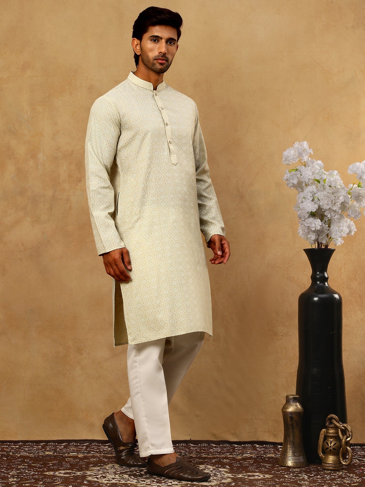 Traditional Printed Kurta Pyjama Set for Men ( 65KP P 5470Pista )