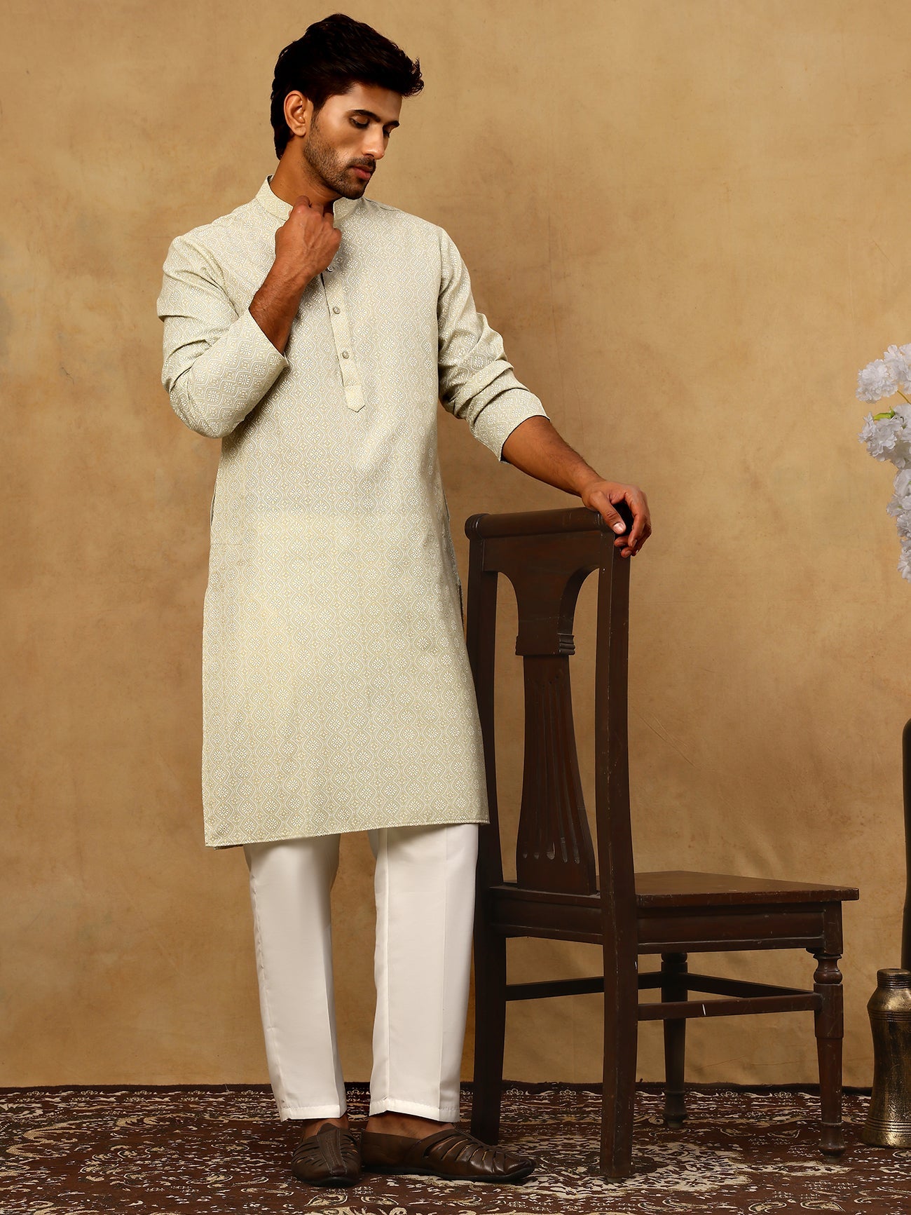 Traditional Printed Kurta Pyjama Set for Men ( 65KP P 5470Pista )