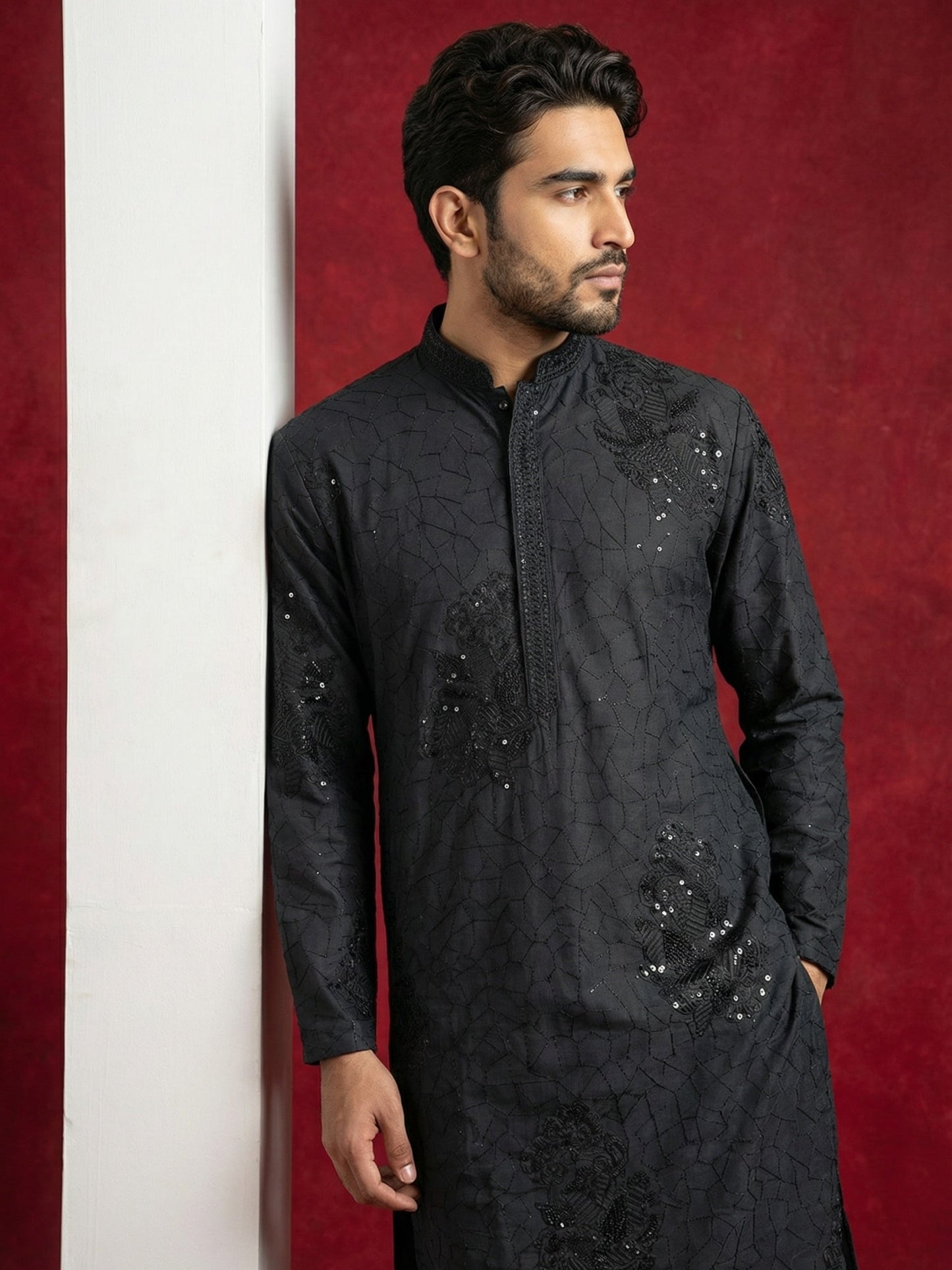 Men Black Embroidered Festive Kurta Pyjama Set ( 65KP B-P 5472Black S )
