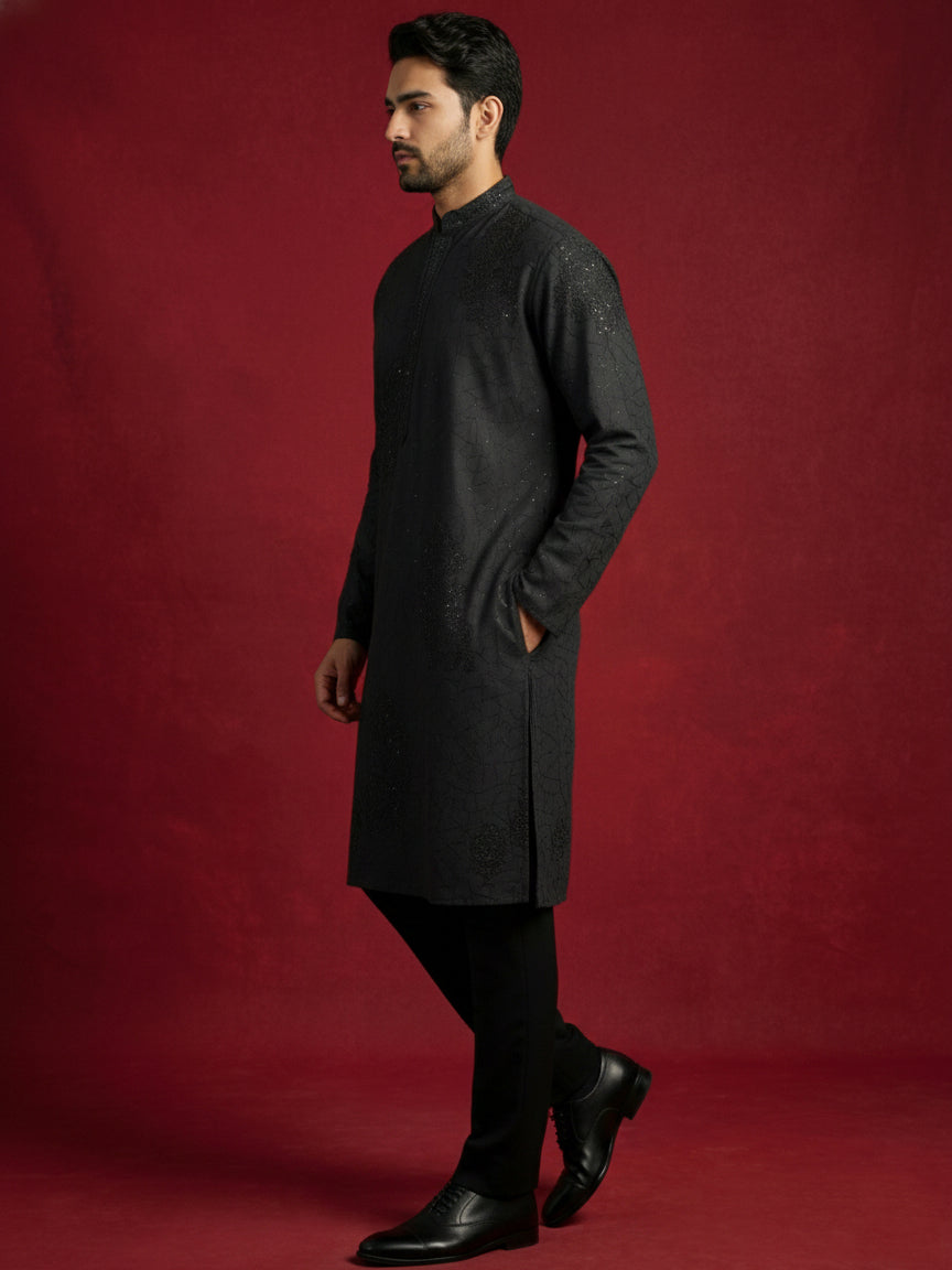 Men Black Embroidered Festive Kurta Pyjama Set ( 65KP B-P 5472Black S )
