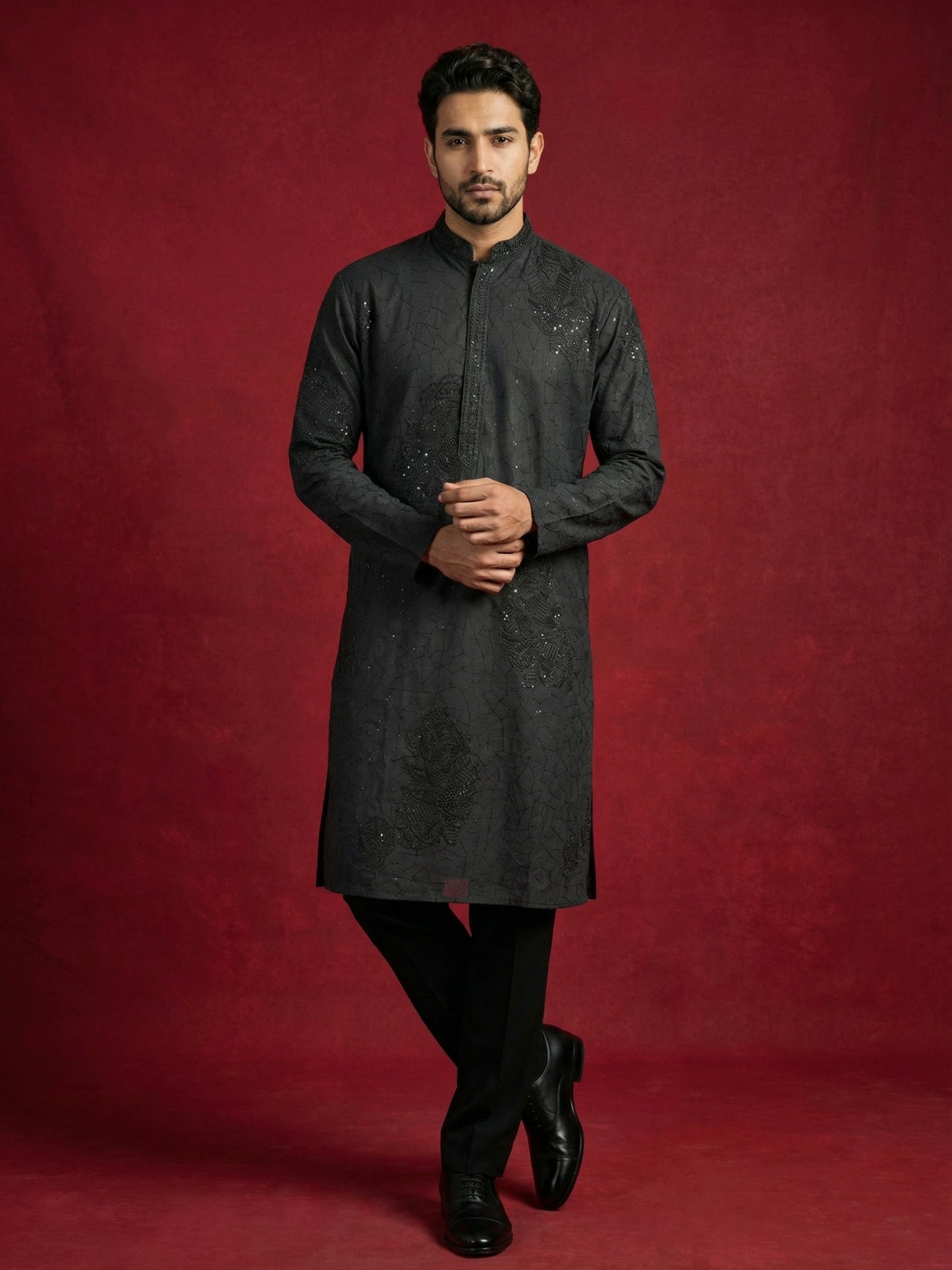 Men Black Embroidered Festive Kurta Pyjama Set ( 65KP B-P 5472Black S )