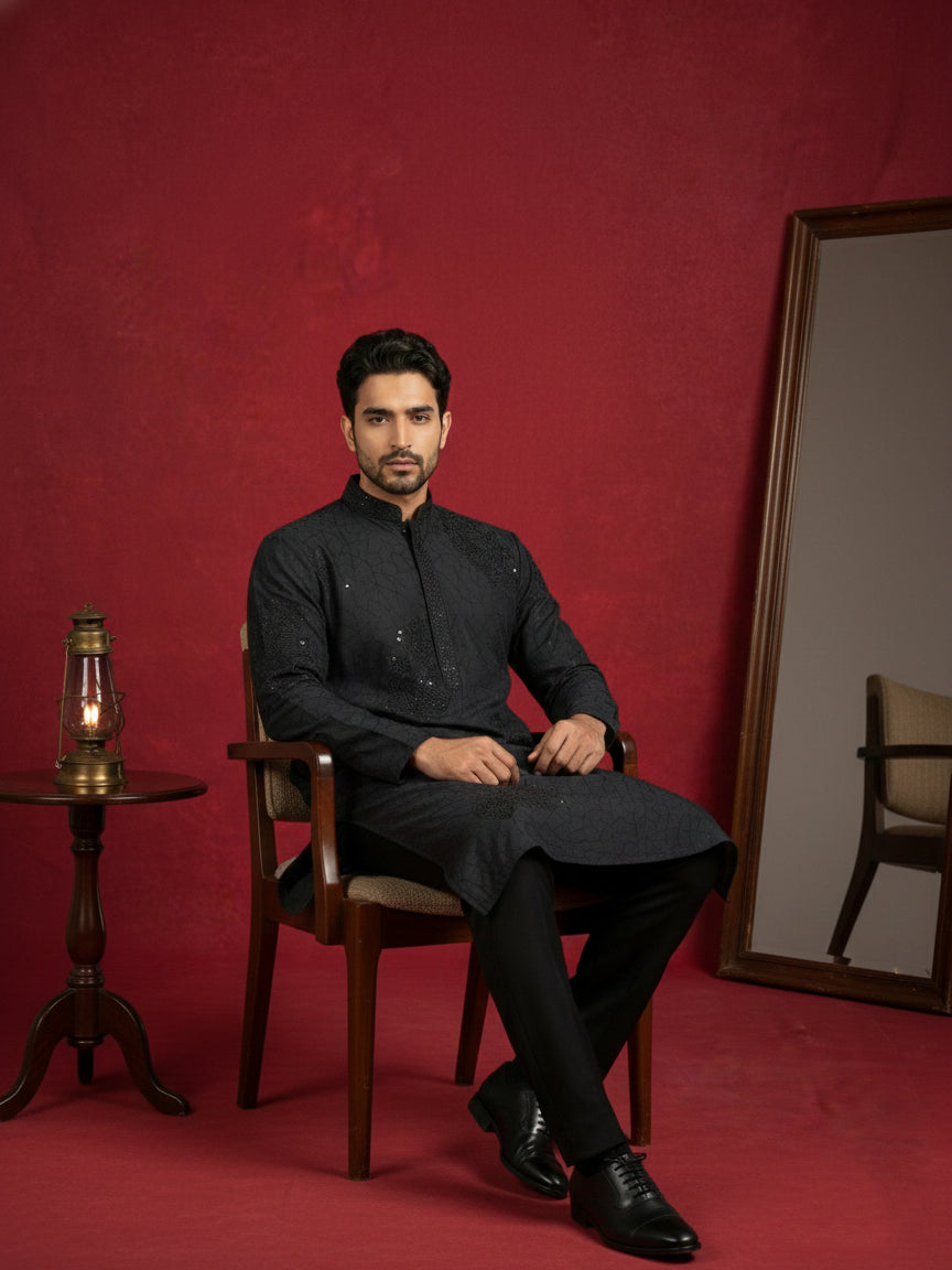 Men Black Embroidered Festive Kurta Pyjama Set ( 65KP B-P 5472Black S )