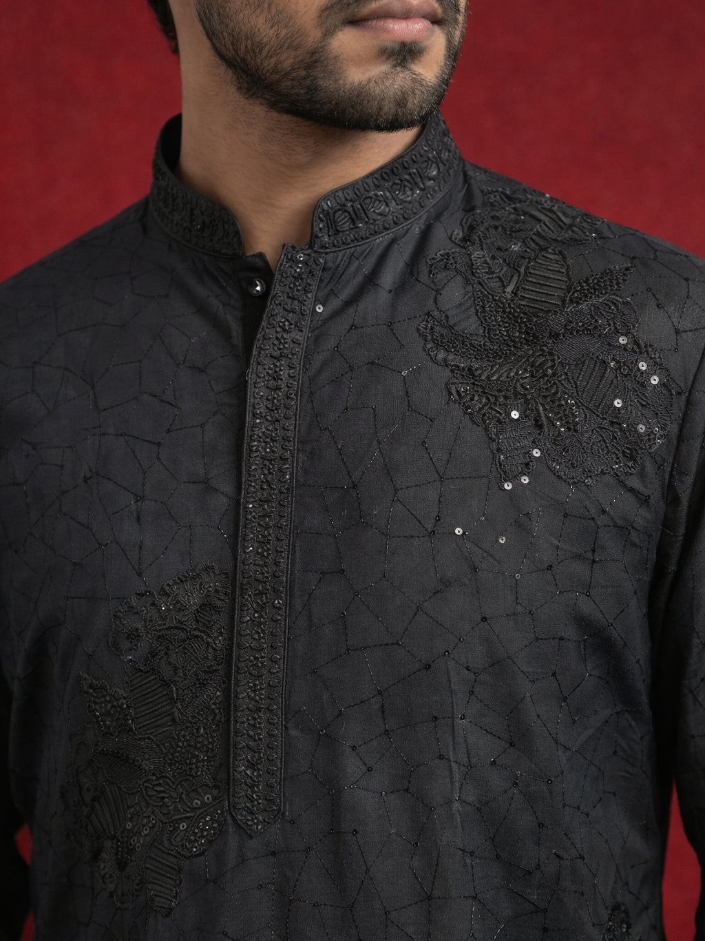 Men Black Embroidered Festive Kurta Pyjama Set ( 65KP B-P 5472Black S )