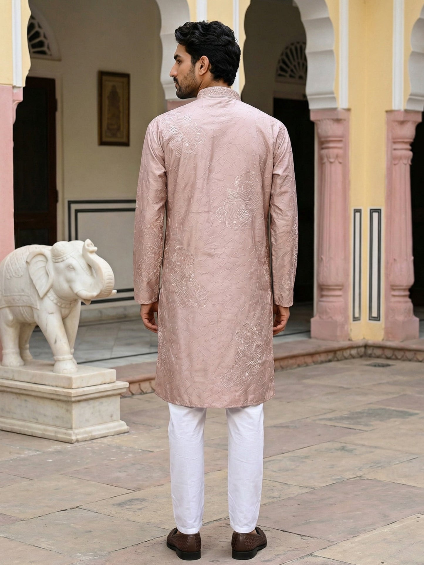Men Peach Embroidered Festive Kurta Pyjama Set ( 65KP 5472Peach S ) [FF] [Q-11-14]