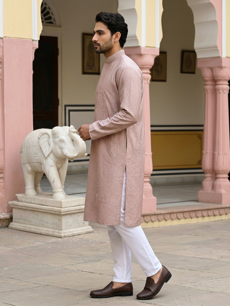 Men Peach Embroidered Festive Kurta Pyjama Set ( 65KP 5472Peach S ) [FF] [Q-11-14]