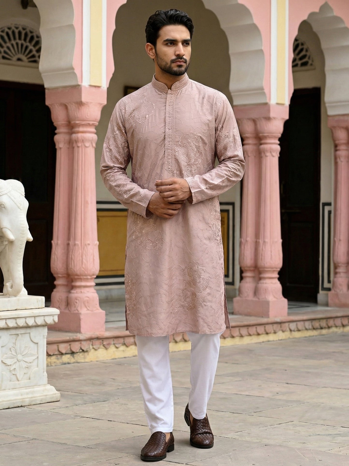 Men Peach Embroidered Festive Kurta Pyjama Set ( 65KP 5472Peach S ) [FF] [Q-11-14]