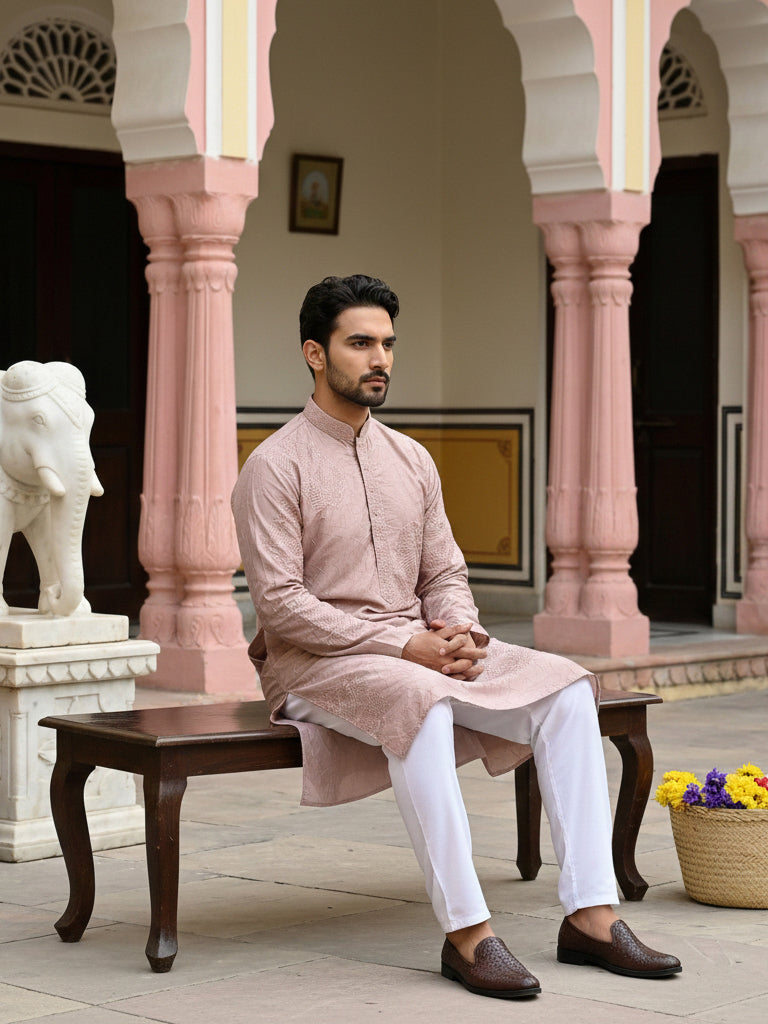 Men Peach Embroidered Festive Kurta Pyjama Set ( 65KP 5472Peach S ) [FF] [Q-11-14]