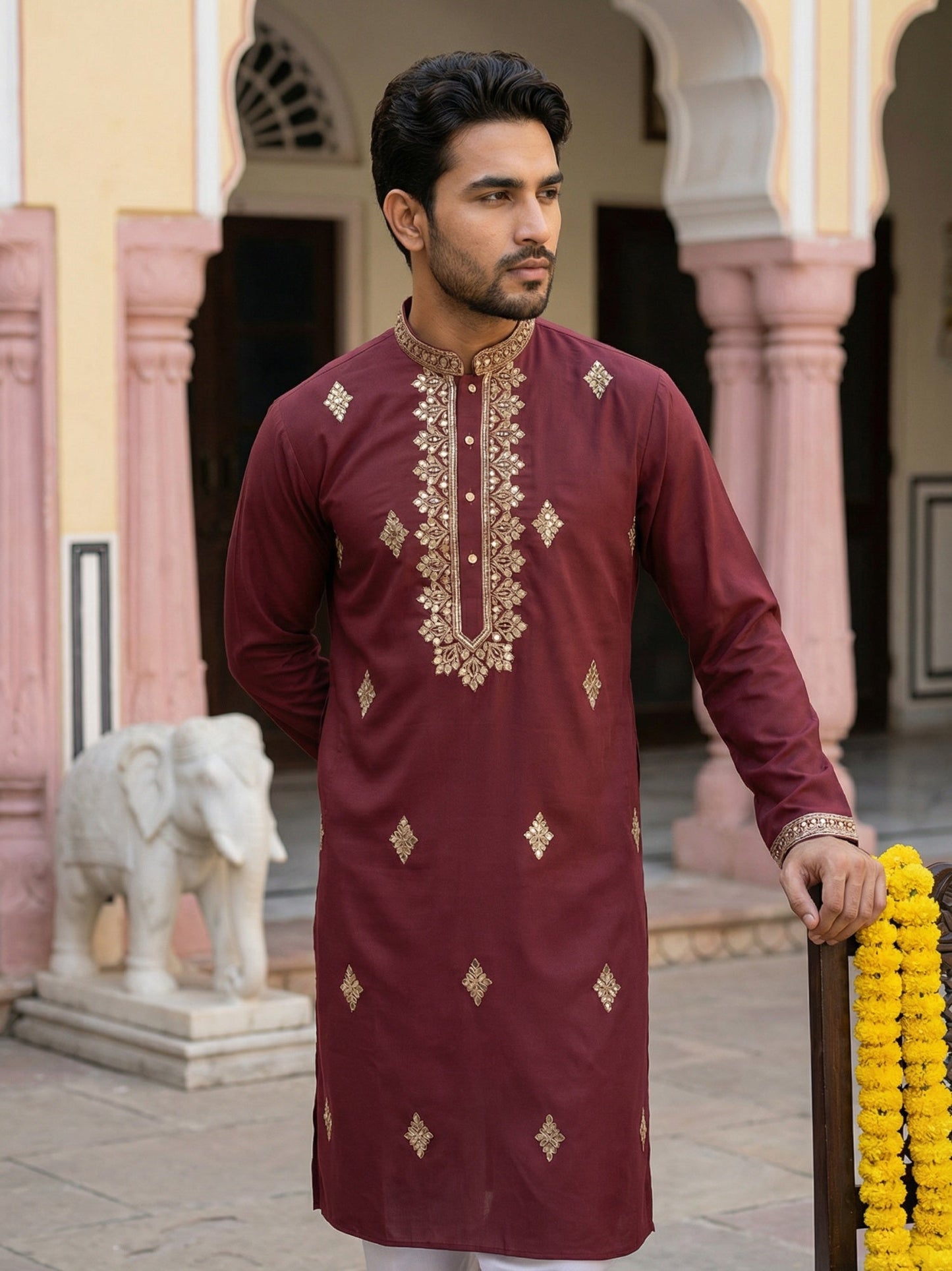 Men Japanese Fabric Embroidered Kurta Set ( 65KP 5473Maroon S ) [FF] [H-10]