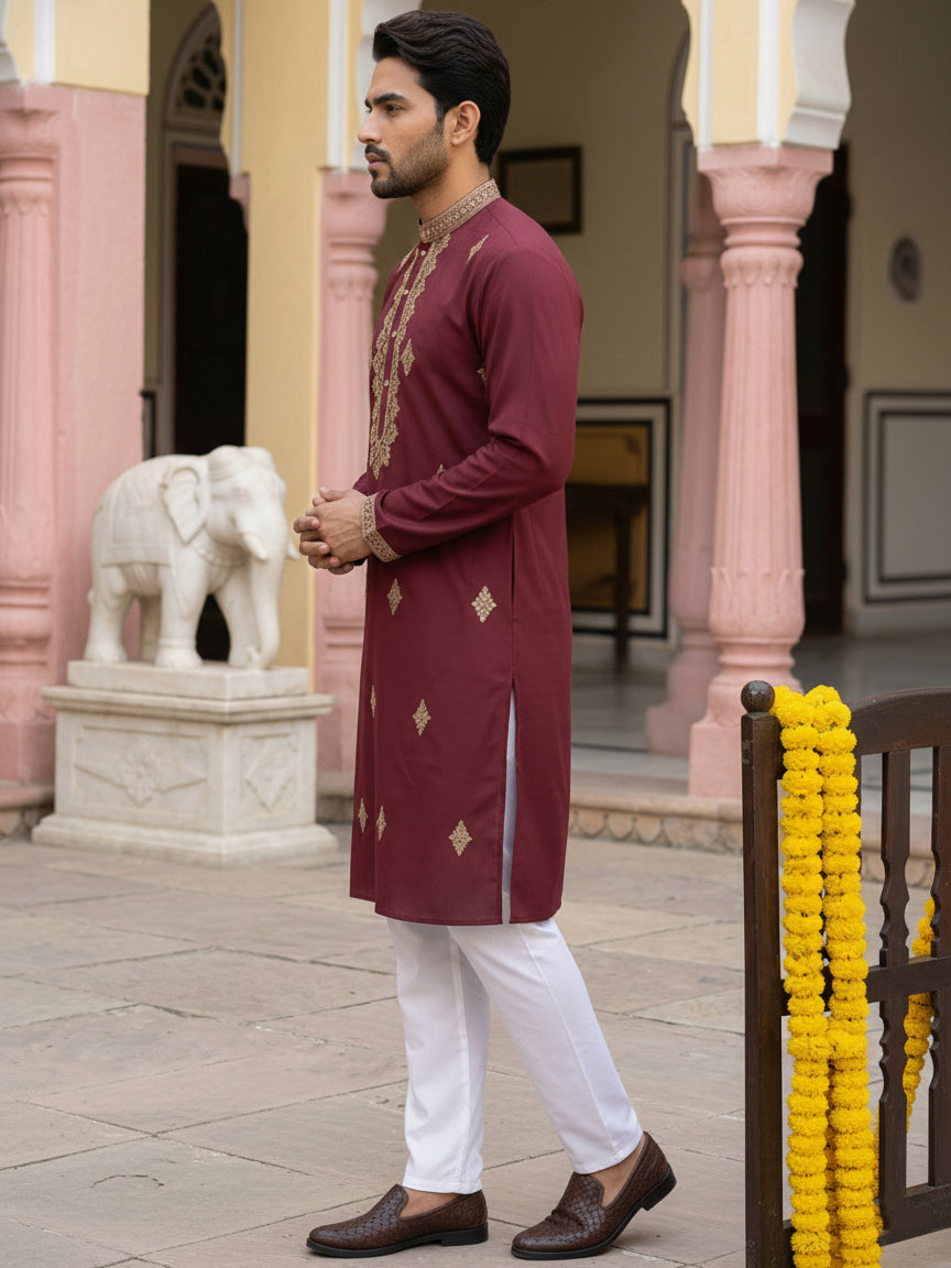 Men Japanese Fabric Embroidered Kurta Set ( 65KP 5473Maroon S ) [FF] [H-10]