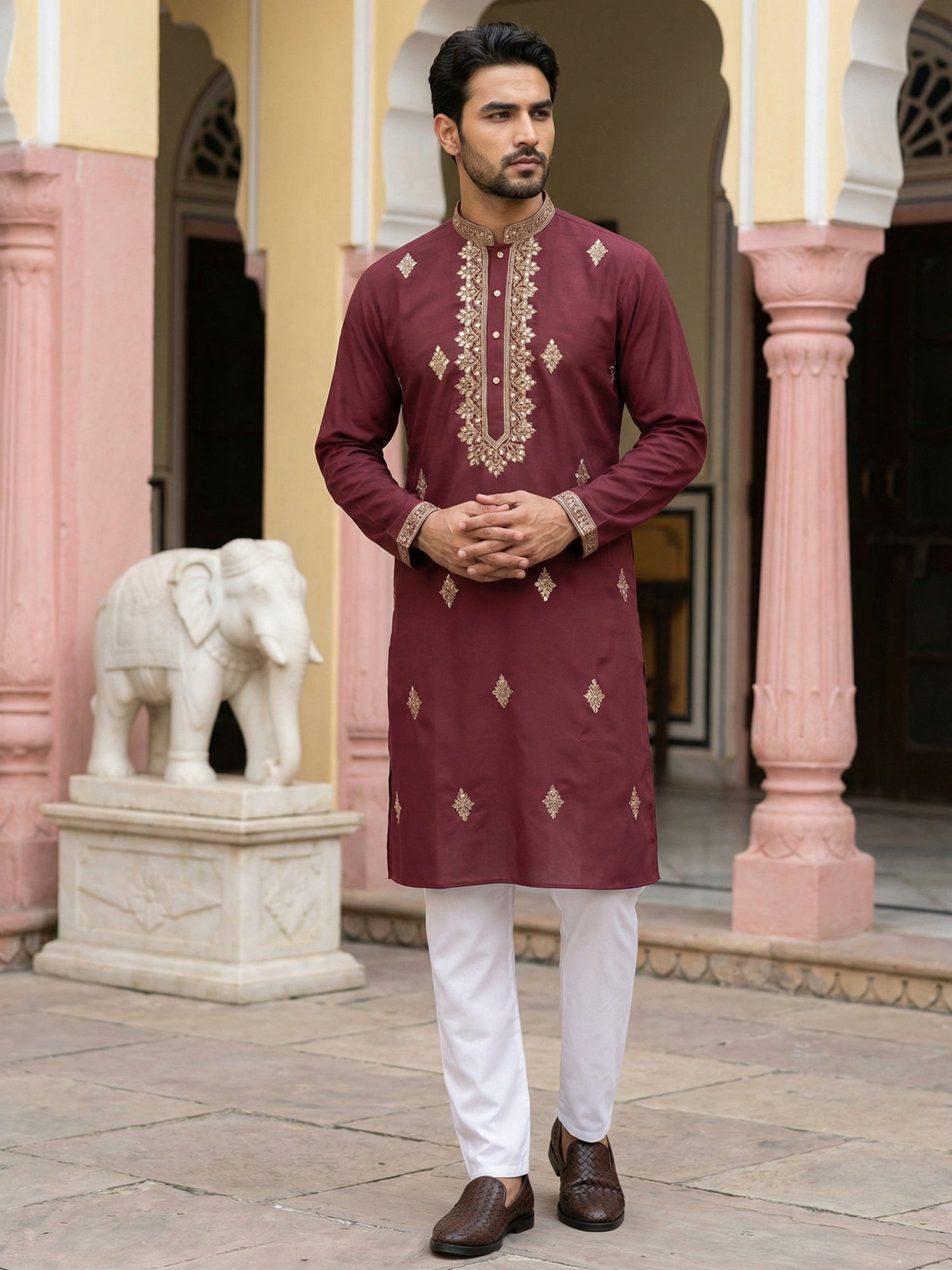 Men Japanese Fabric Embroidered Kurta Set ( 65KP 5473Maroon S ) [FF] [H-10]