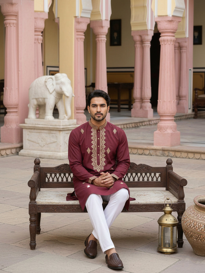 Men Japanese Fabric Embroidered Kurta Set ( 65KP 5473Maroon S ) [FF] [H-10]
