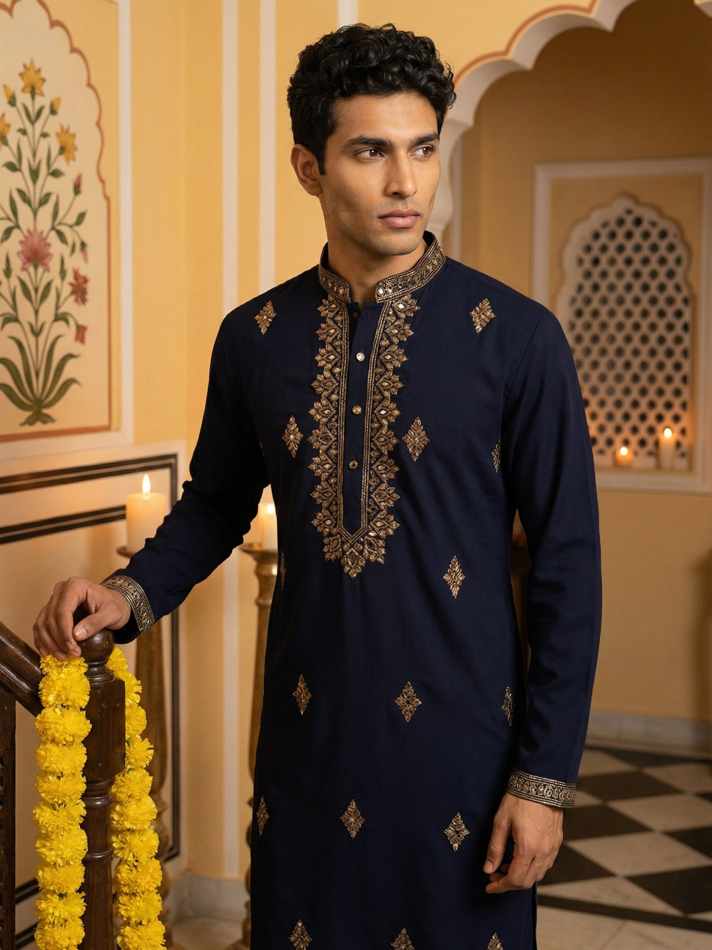 Men Japanese Fabric Embroidered Kurta Set ( 65KP 5473Navy S ) [FF] [H-10]