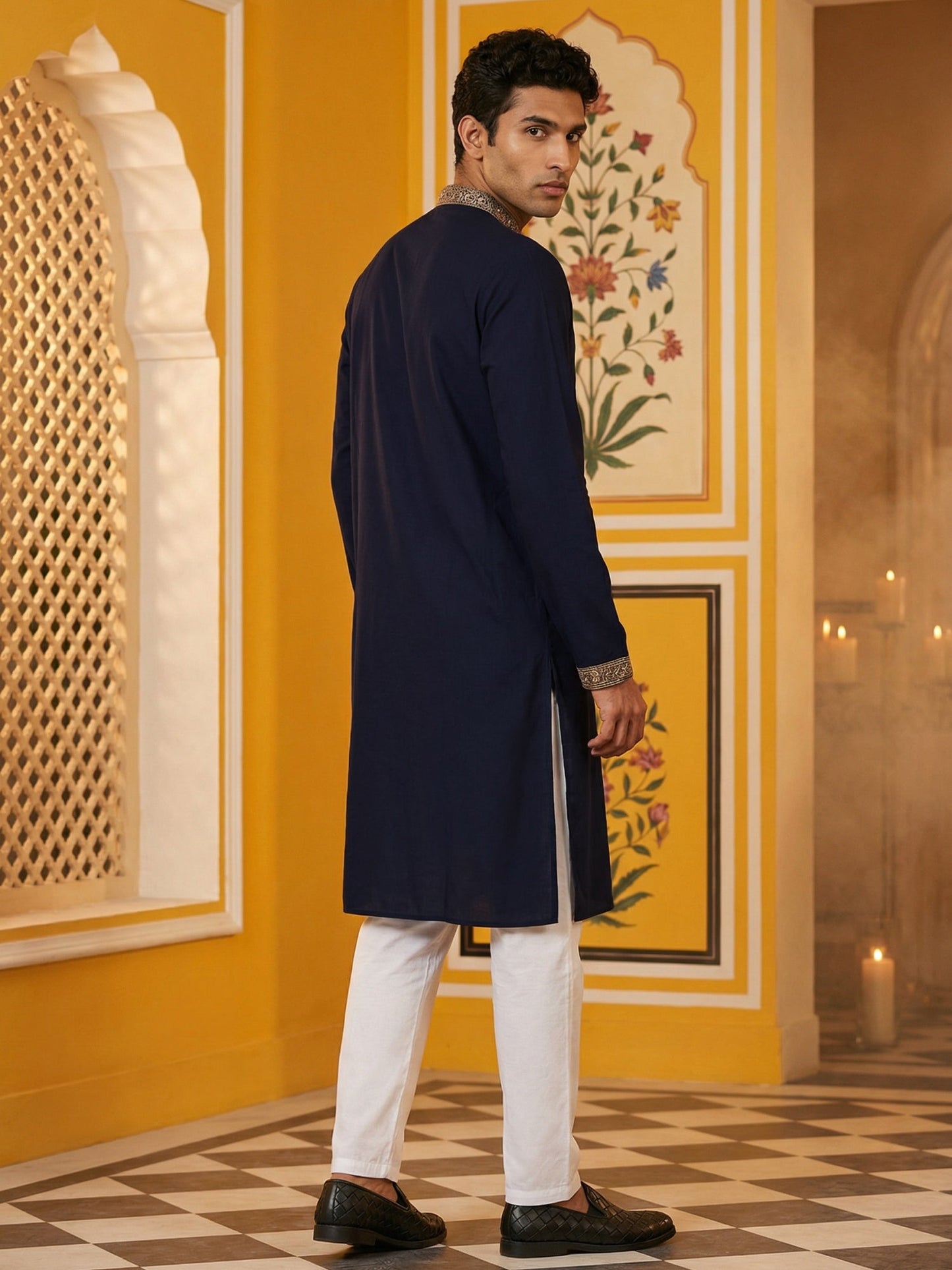 Men Japanese Fabric Embroidered Kurta Set ( 65KP 5473Navy S ) [FF] [H-10]